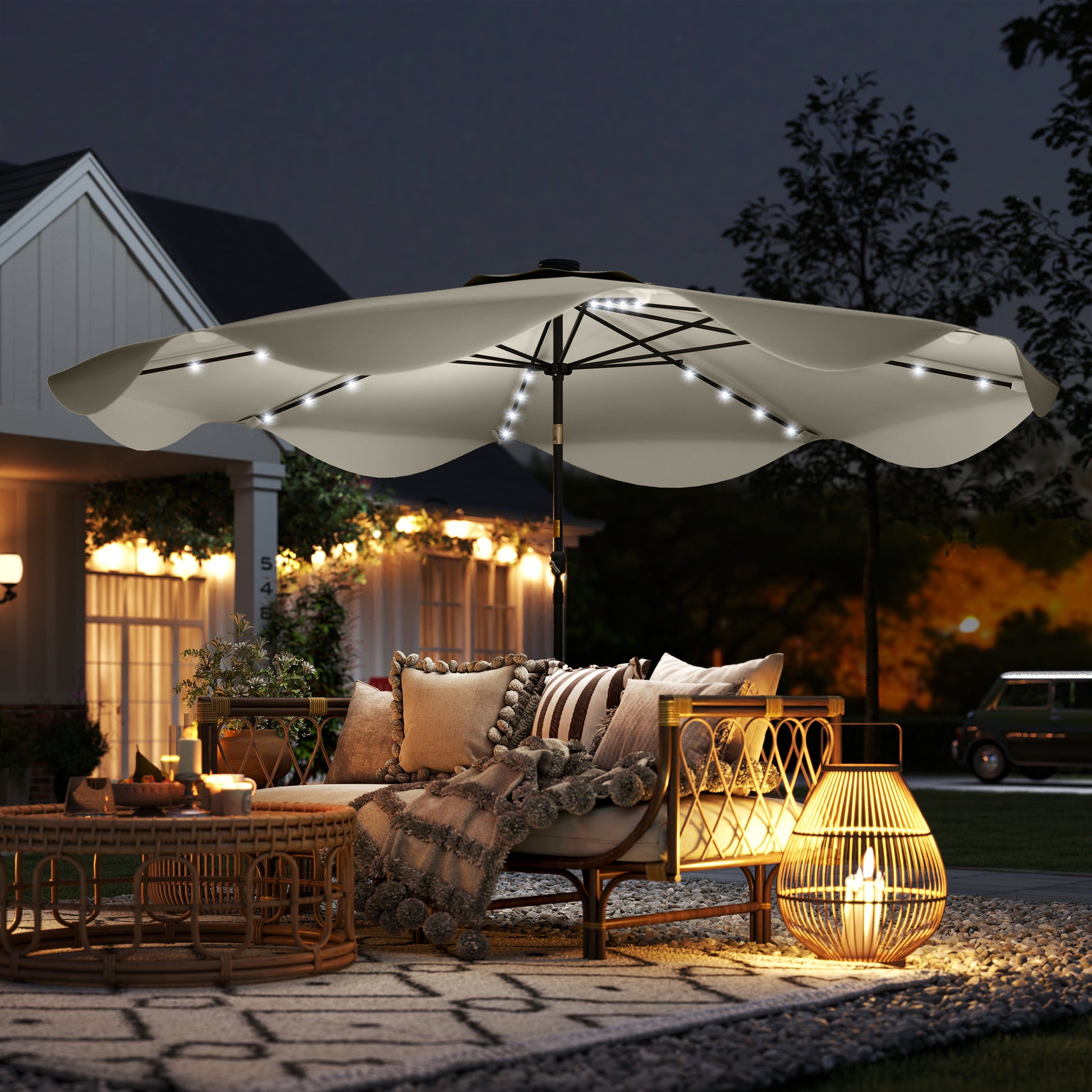 Solar Patio Umbrella with LED and Tilt, Outdoor Market Table Umbrella Parasol with Crank, 3 x 3 (m)