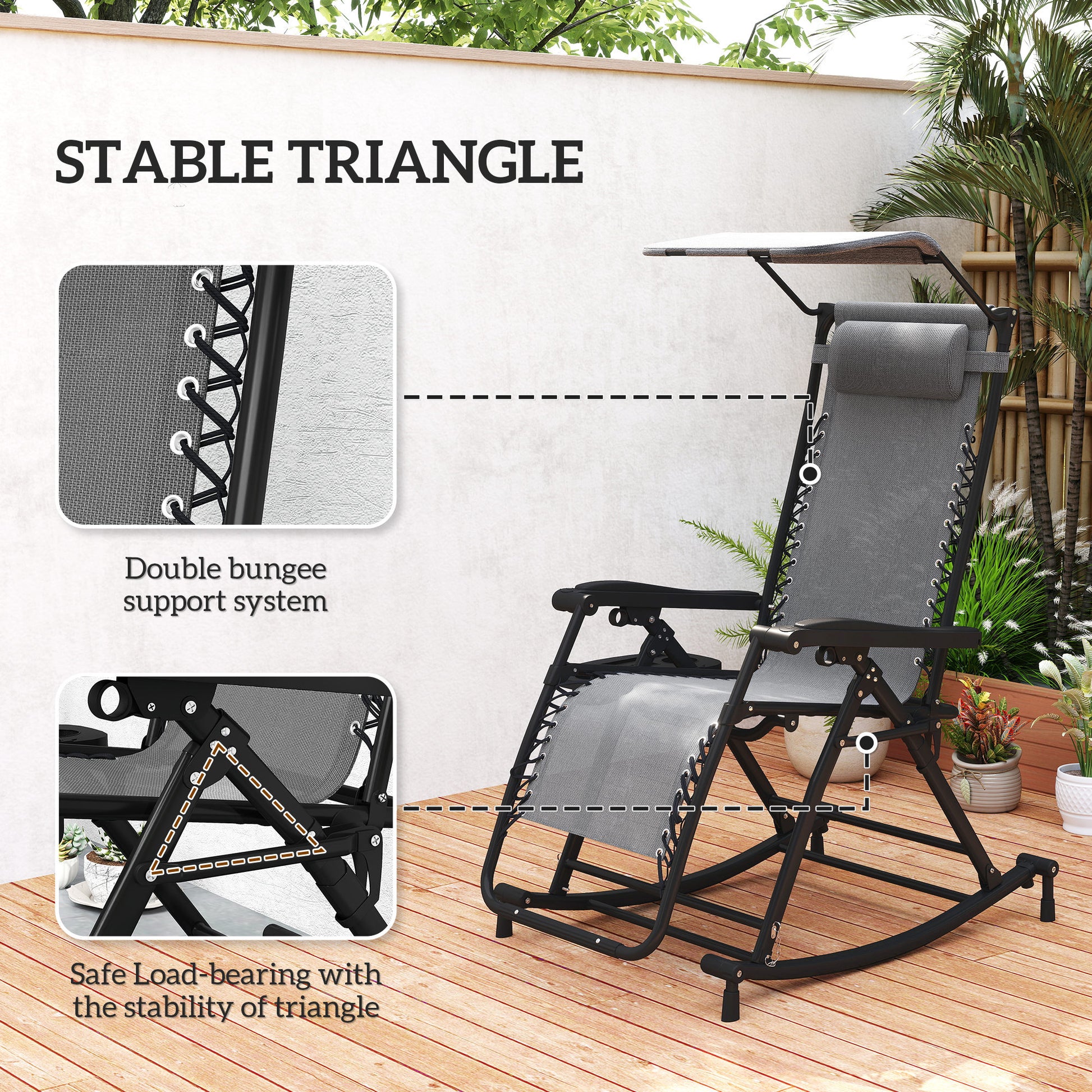 Outsunny Garden Rocking Chair Folding Recliner Outdoor Adjustable Sun Lounger Rocker Zero-Gravity Seat with Headrest Side Holder Patio Deck - Grey