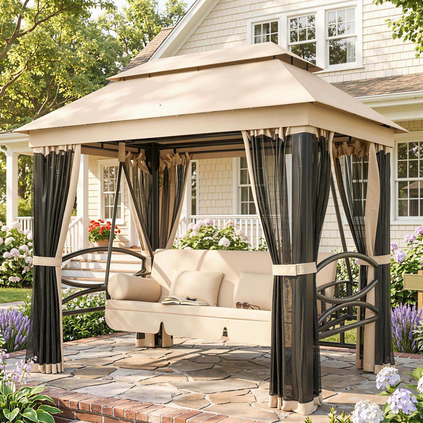 Tivoli 3 Seater Swing Chair 3-in-1 Convertible Garden Swing Seat Bed Gazebo Patio Bench Outdoor with Double Tier