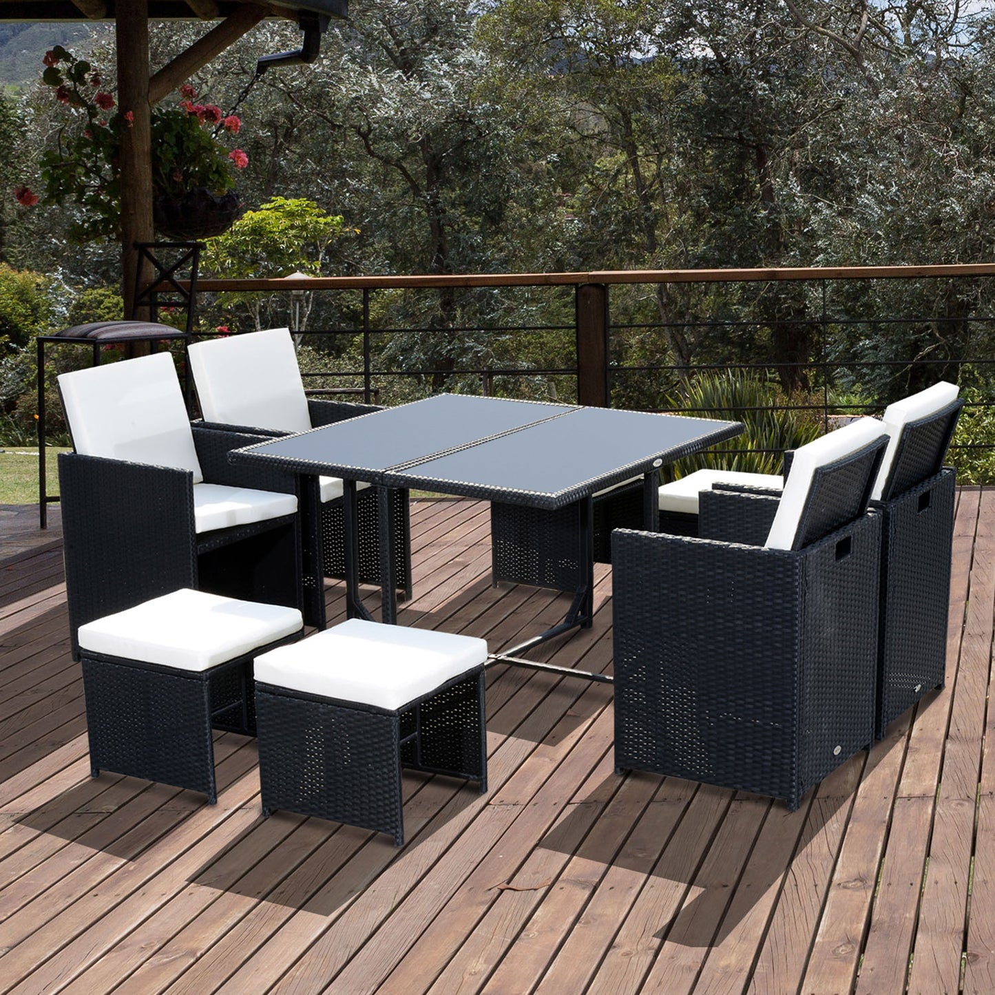 Tivoli 9 Piece Rattan Cube Garden Furniture Dining Set with Armchairs, Footstools and Glass-Top Table, Black