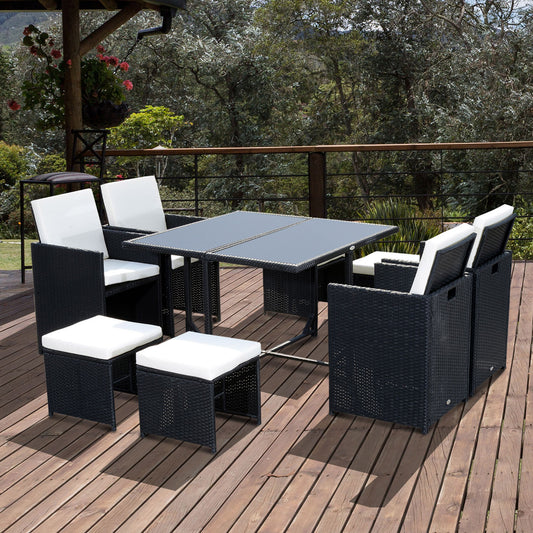 Tivoli 9 Piece Rattan Cube Garden Furniture Dining Set with Armchairs, Footstools and Glass-Top Table, Black