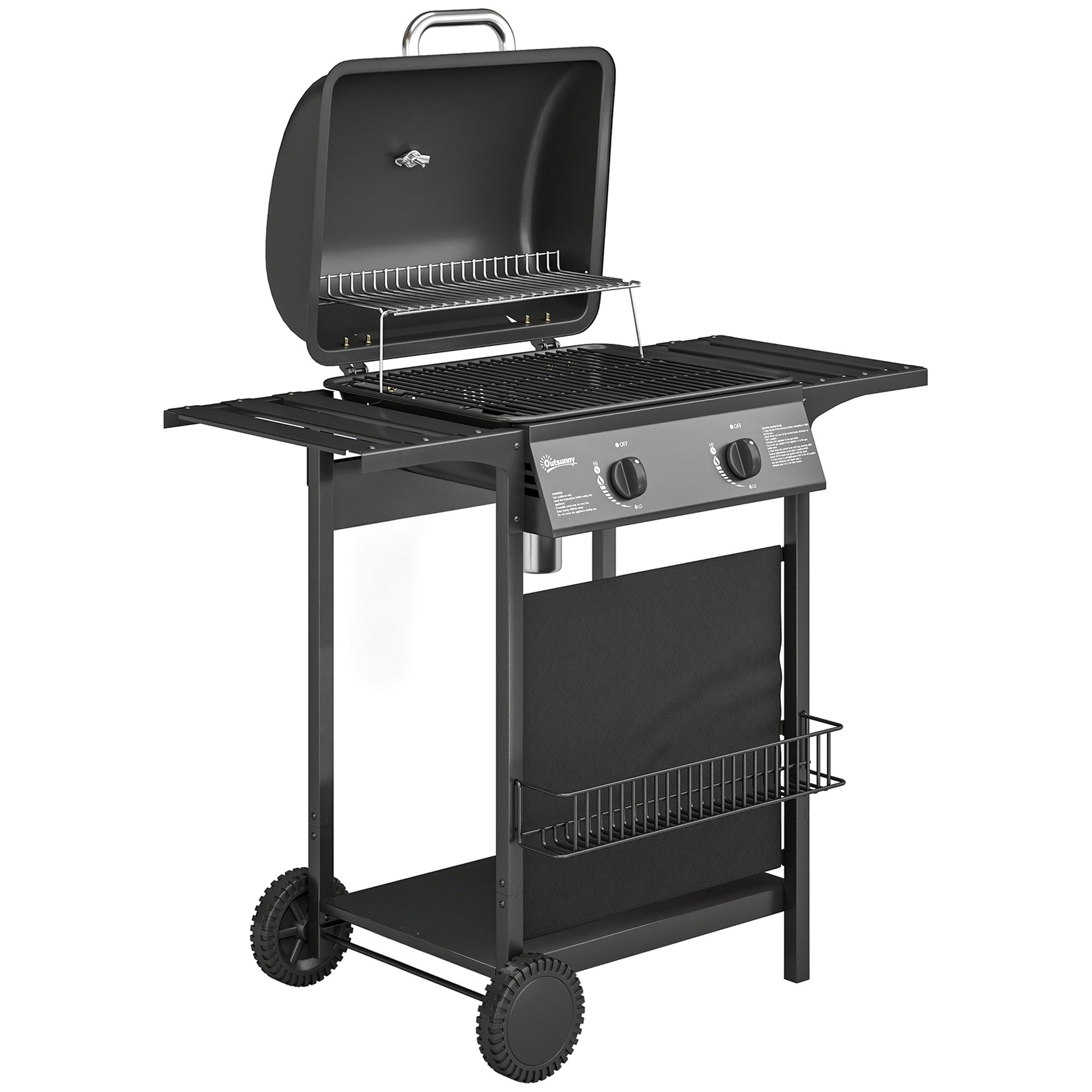 Outsunny Gas Burner Barbecue Grill, 2 Burner Gas Grill with Side Tables, Warming Rack, Shelf, Thermometer, Grease Tray, Black