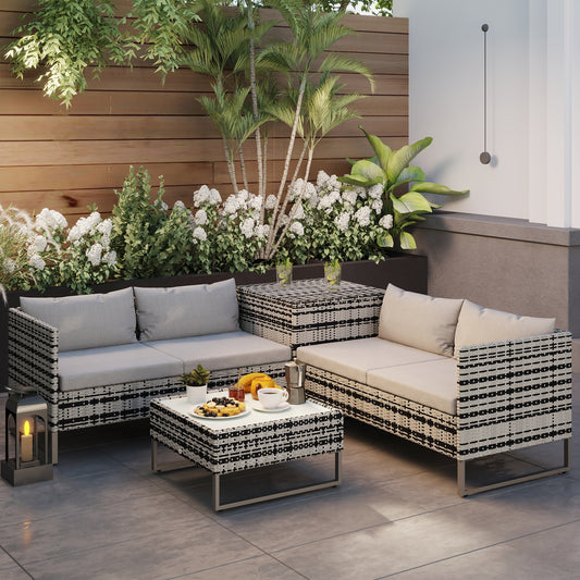 Portofino 4pc Garden Rattan Outdoor Furniture Patio Corner Sofa Love Seat and Table Set with Cushions Side
