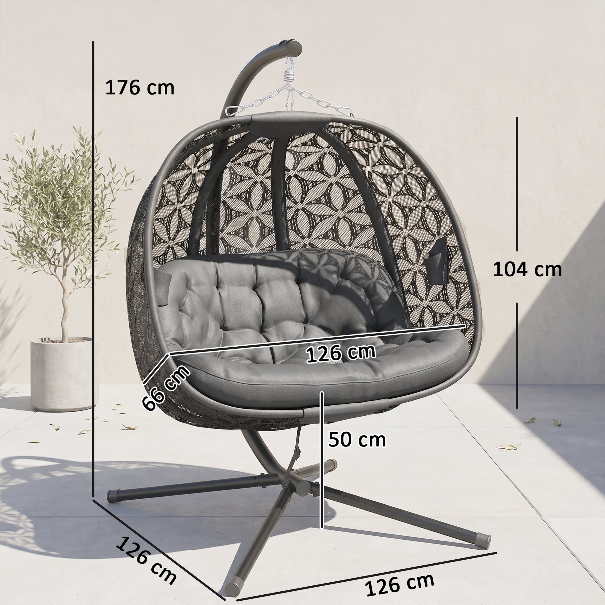 Outsunny Outdoor Double Hanging Chair with Cushion and Cup Holders, Charcoal Grey