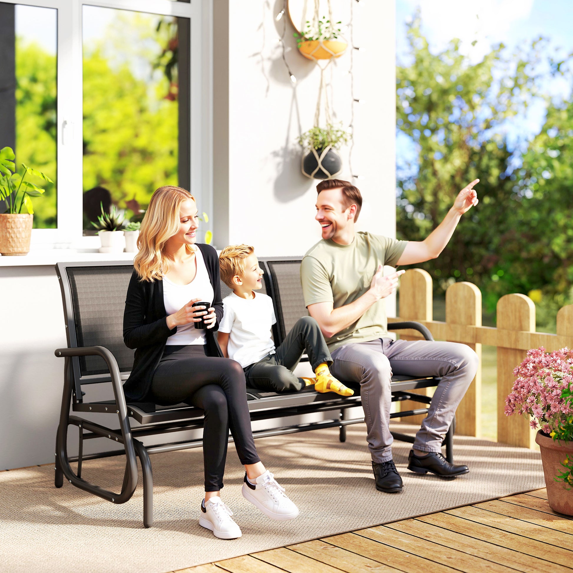 Marbella 3-Seat Glider Rocking Chair for 3 People Garden Bench Garden Furniture Metal Frame, Black