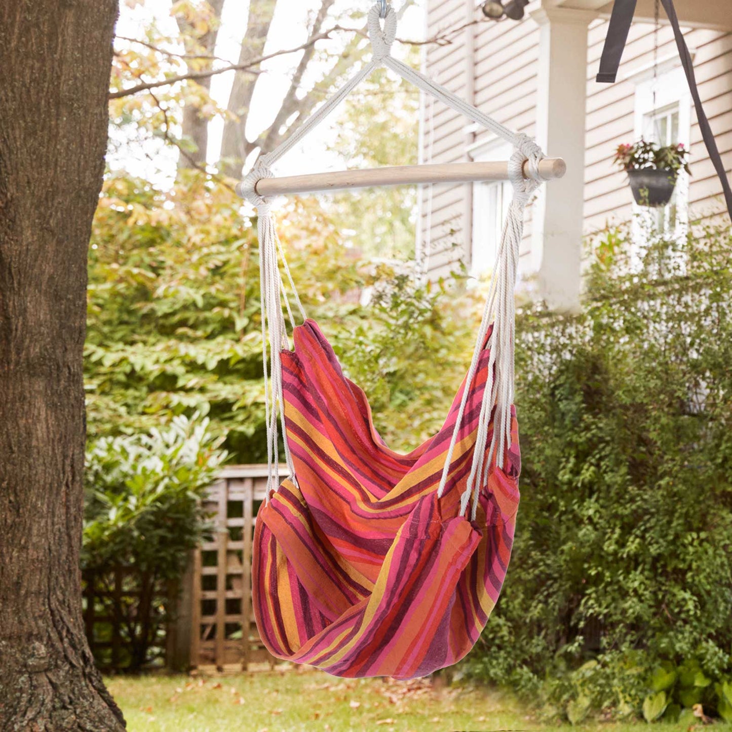 Outdoor Hanging Rope Chair with Cotton Rope, Garden Hammock Chair with Wooden Support Bar Cotton Cloth, Portable Garden Chair for Patio & Tree,