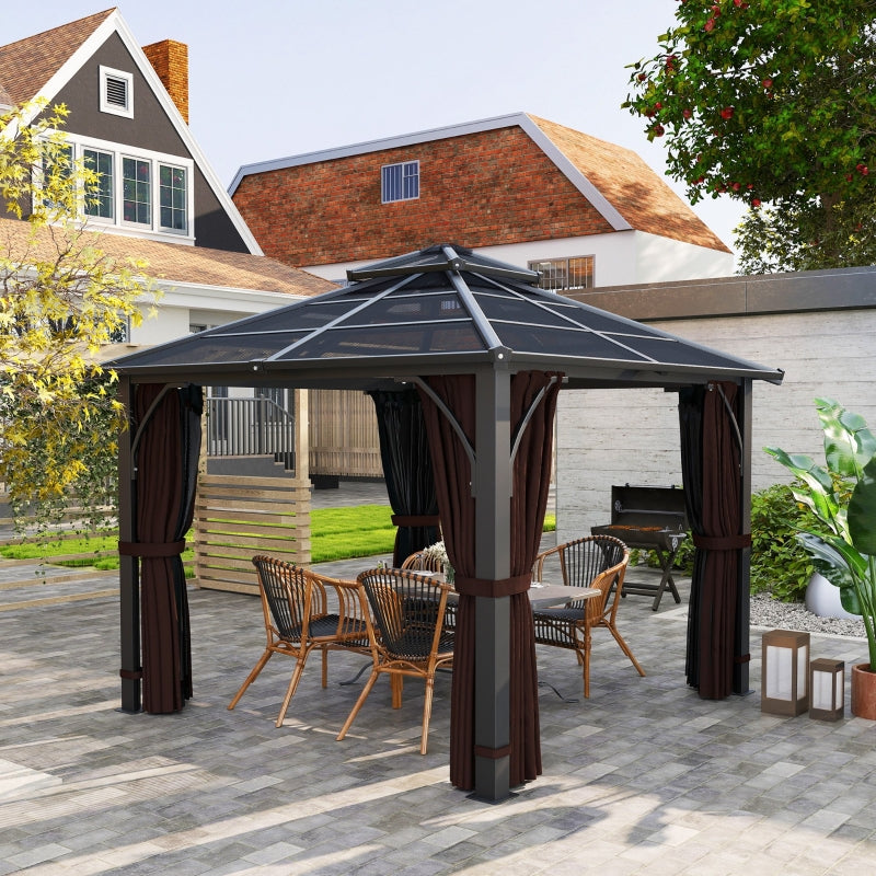 3x3m Brown Permanent Hardtop Gazebo Pavilion – 7mm Polycarbonate Double Roof Garden Shelter with Curtains & Insect Netting