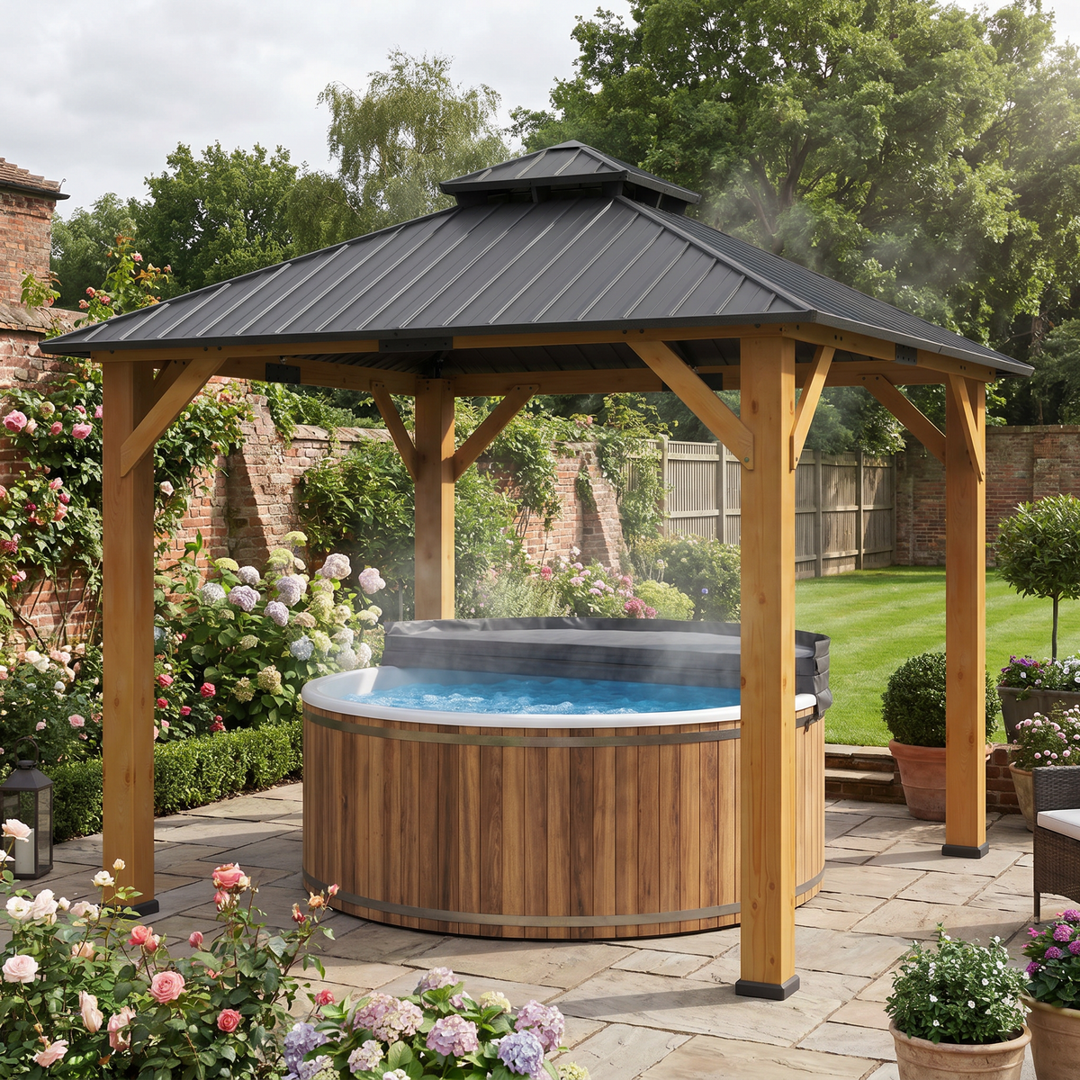 3m x 3m Wooden Frame Hardtop Gazebo with 2 – Tier Galvanised Steel Roof, Aluminium Posts & Grey Outdoor Patio Canopy Shelter