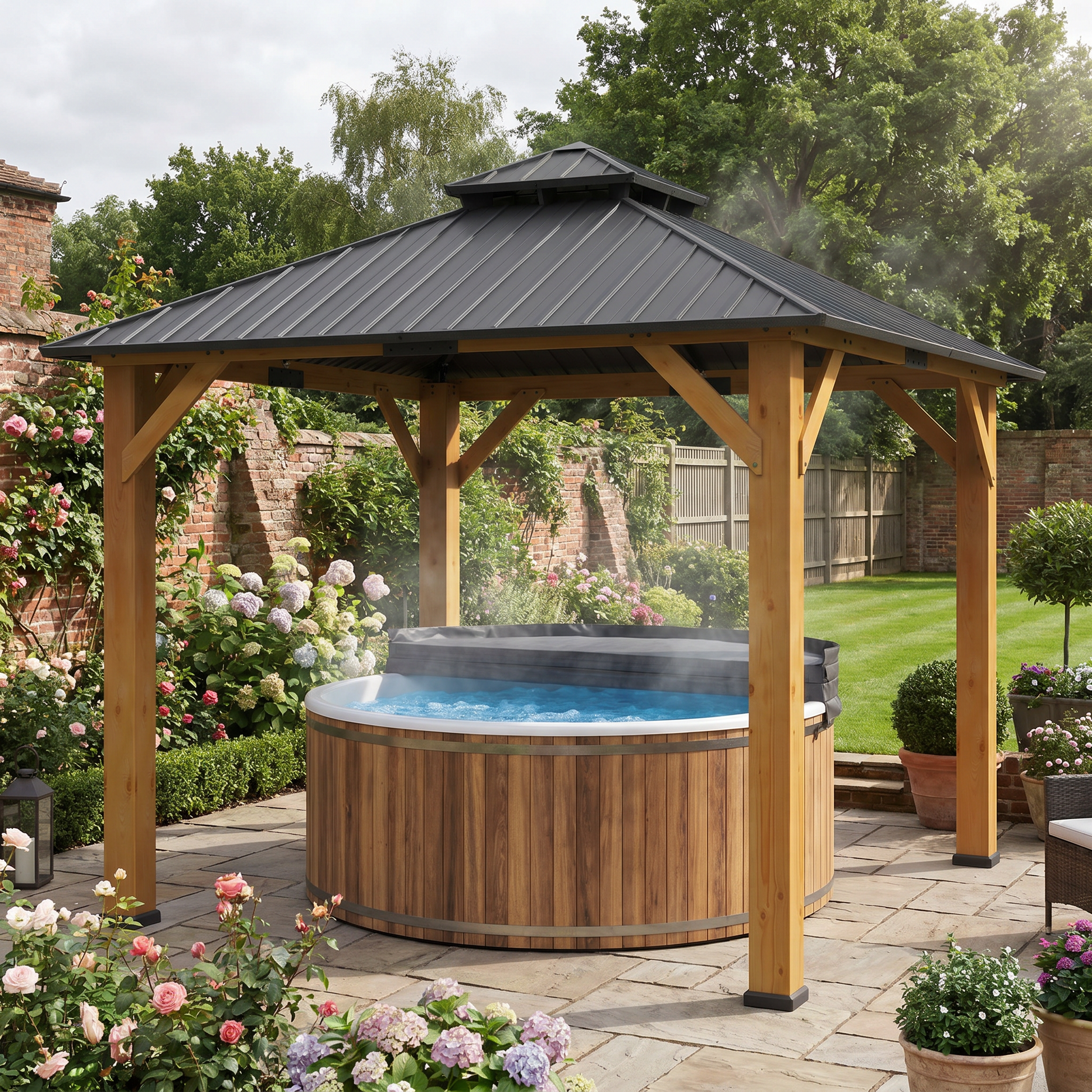 3m x 3m Wooden Frame Hardtop Gazebo with 2 – Tier Galvanised Steel Roof, Aluminium Posts & Grey Outdoor Patio Canopy Shelter