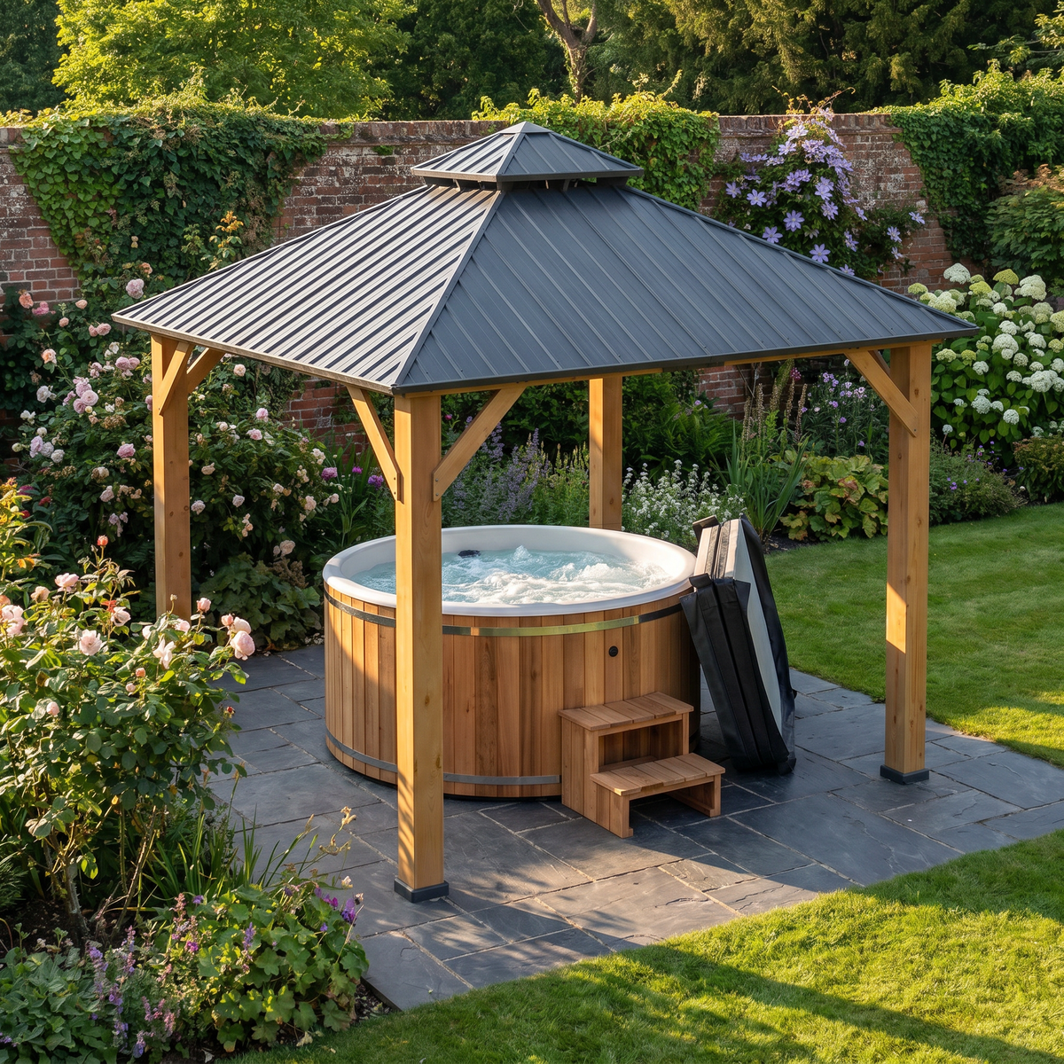 3m x 3m Wooden Frame Hardtop Gazebo with 2-Tier Galvanised Steel Roof, Aluminium Posts & Grey Outdoor Patio Canopy Shelter