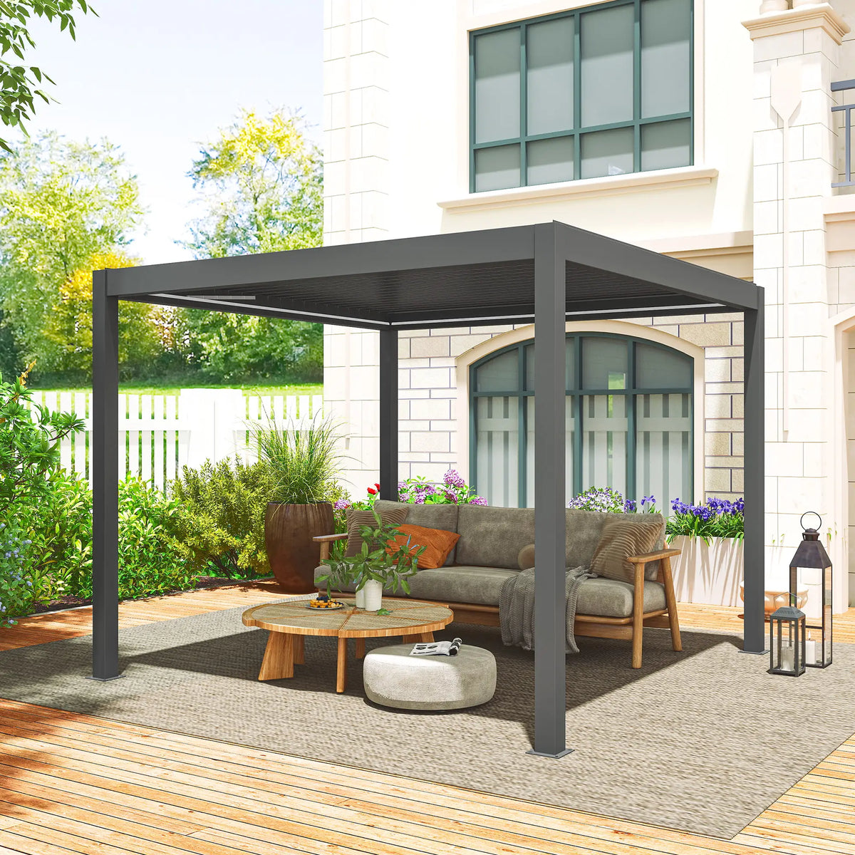 3m x 3m Dark Grey Motorised Aluminium Pergola with Remote – Controlled Louvered Roof, LED Lighting & Integrated Rainwater Drainage System