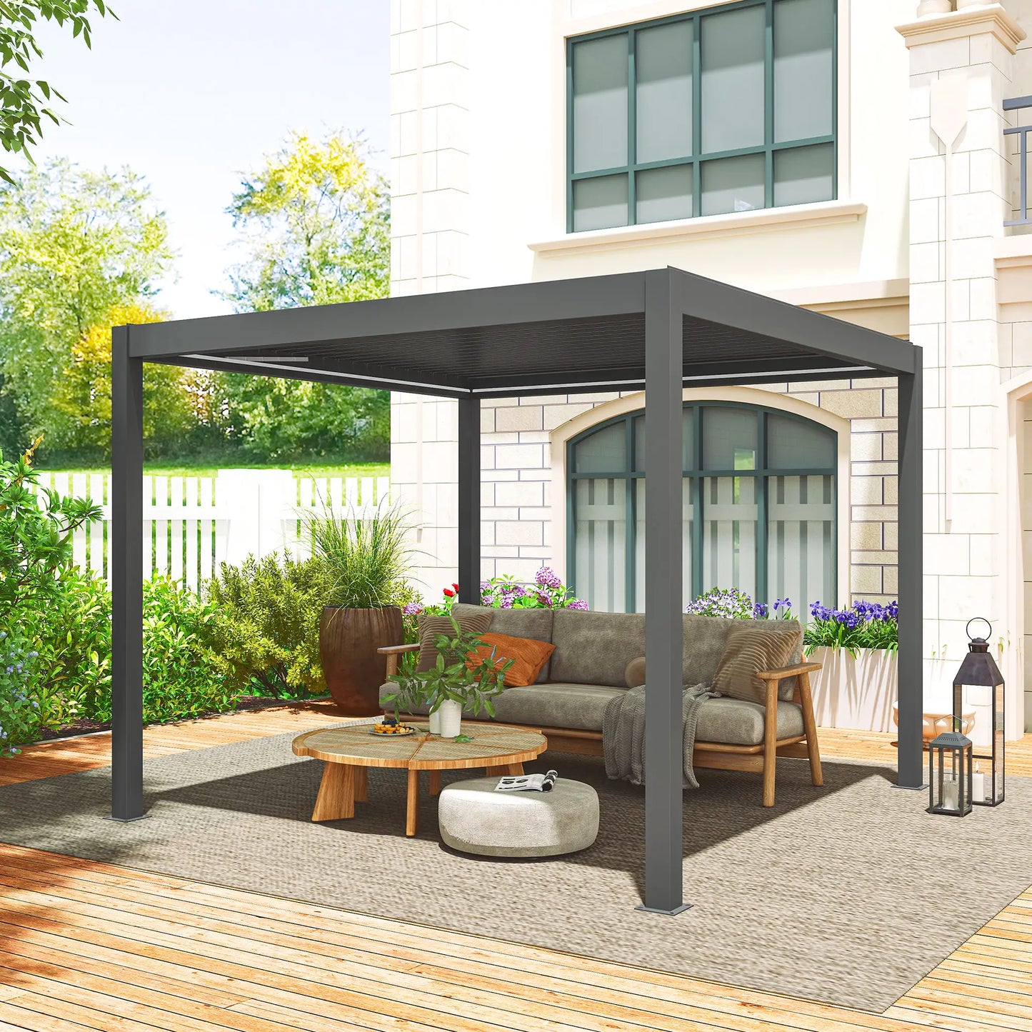 3m x 3m Dark Grey Motorised Aluminium Pergola with Remote – Controlled Louvered Roof, LED Lighting & Integrated Rainwater Drainage System
