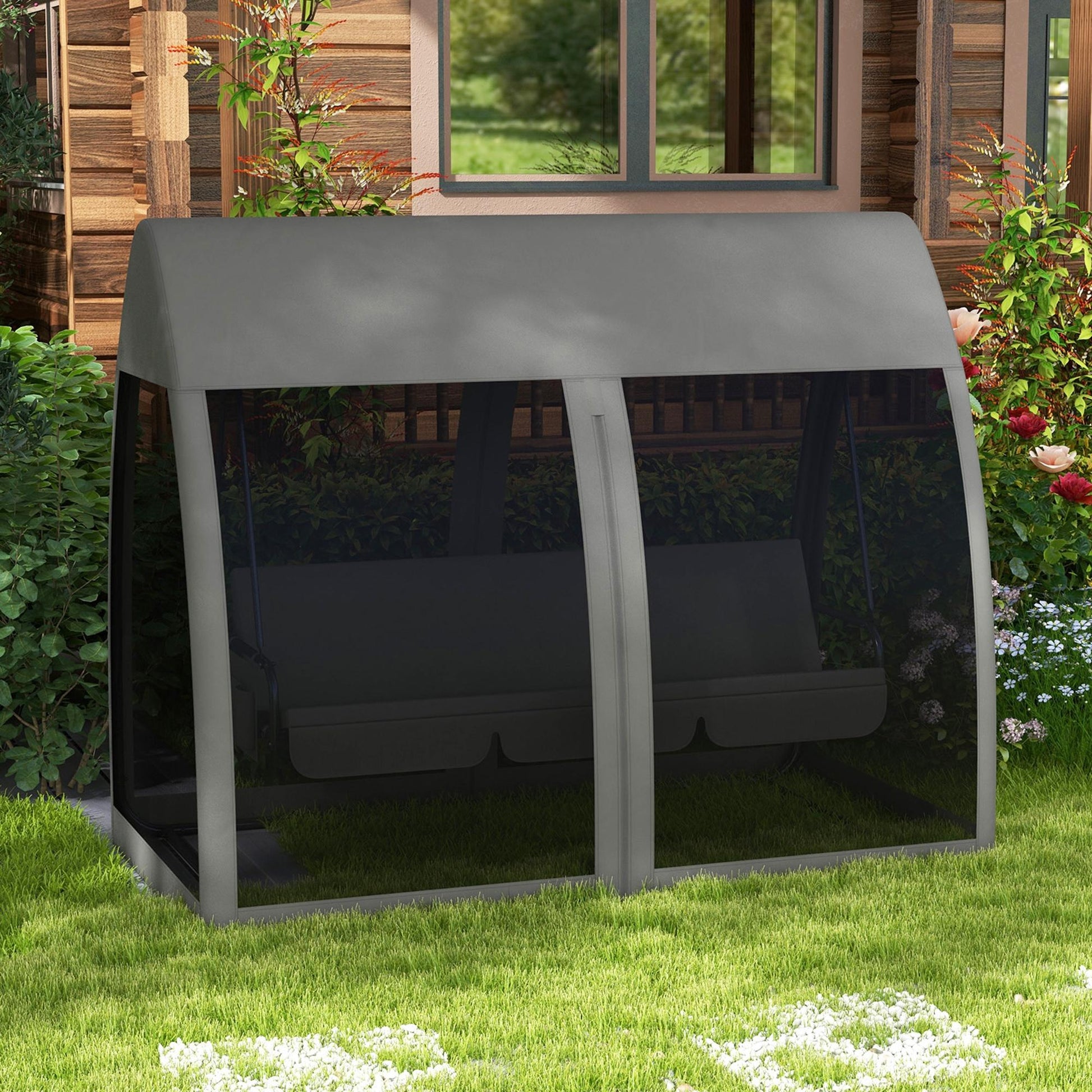 Monaco Three-Seater Convertible Swing Chair/Bed, with Curtained Canopy - Grey