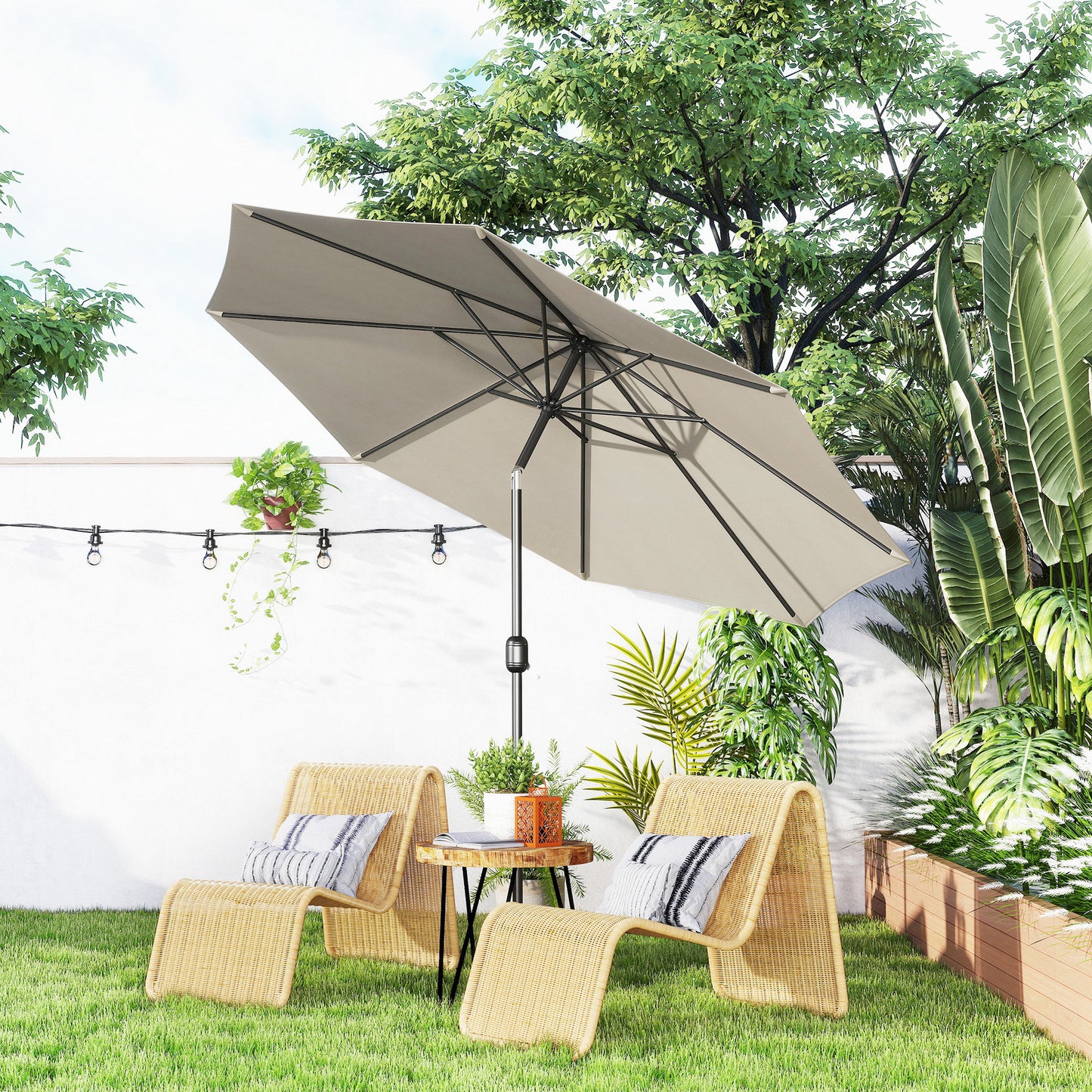 3(m) Tilting Parasol Garden Umbrellas, Outdoor Sun Shade with 8 Ribs, Tilt and Crank Handle for Balcony