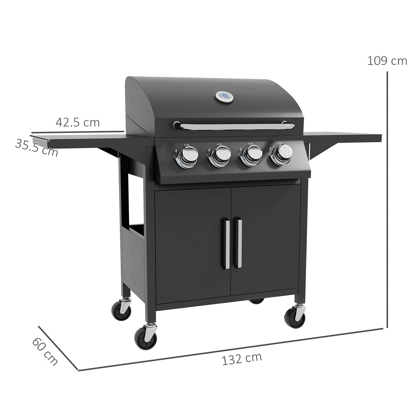 Outsunny 4 Burner Gas BBQ Grill Outdoor 11.6 kW Portable Barbecue Trolley w/ Warming Rack, Side Shelves, Cabinet