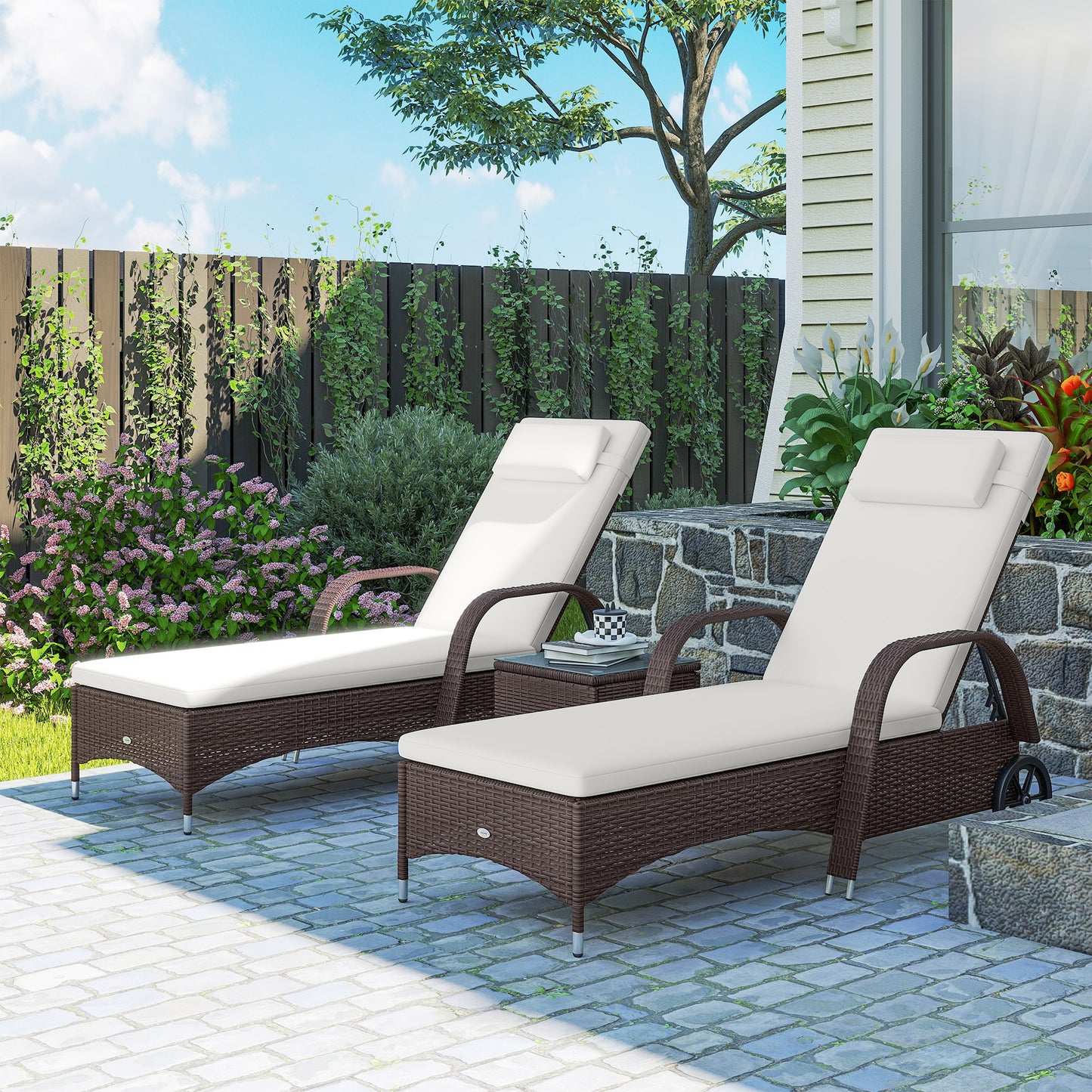 Riviera Rattan Sun Loungers Set of 2 with Side Table, 3-Piece Garden Furniture Set