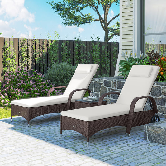 Riviera Rattan Sun Loungers Set of 2 with Side Table, 3-Piece Garden Furniture Set
