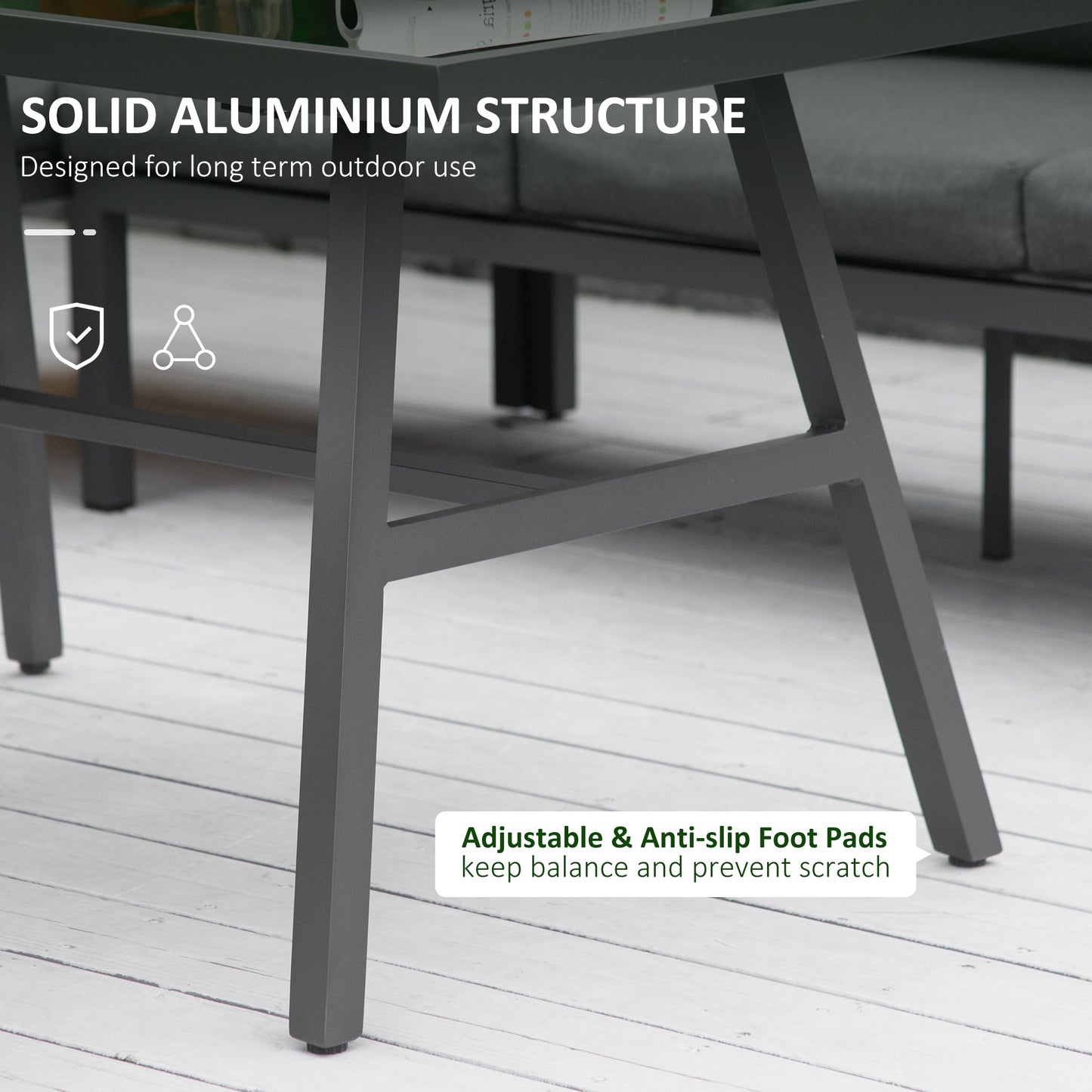 Outsunny 4 Piece L-shaped Garden Furniture Set 8-Seater Aluminium Outdoor Dining Set Conversation Sofa Set w/ Bench, Dining Table & Cushions, Grey