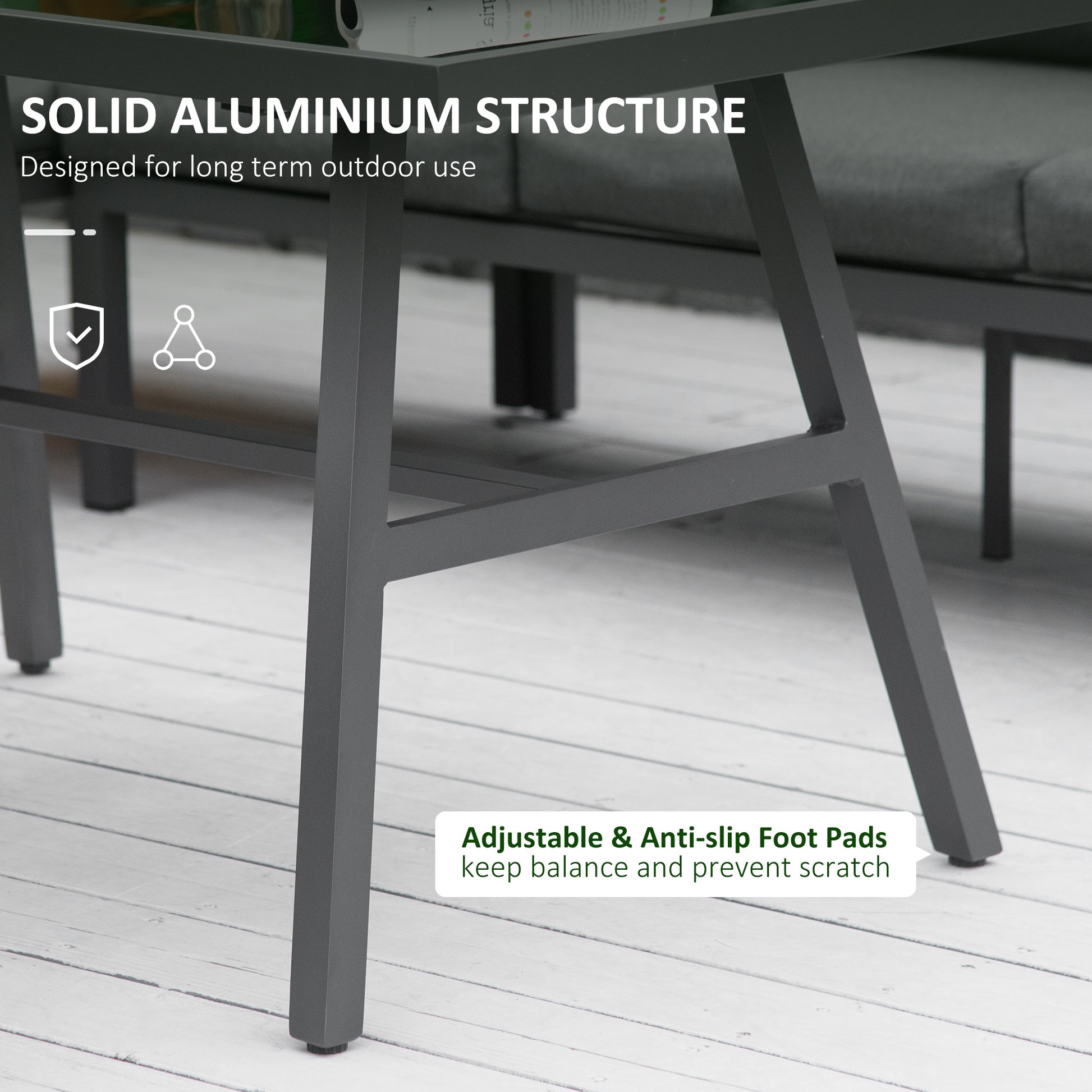 Outsunny 4 Piece L-shaped Garden Furniture Set 8-Seater Aluminium Outdoor Dining Set Conversation Sofa Set w/ Bench, Dining Table & Cushions, Grey
