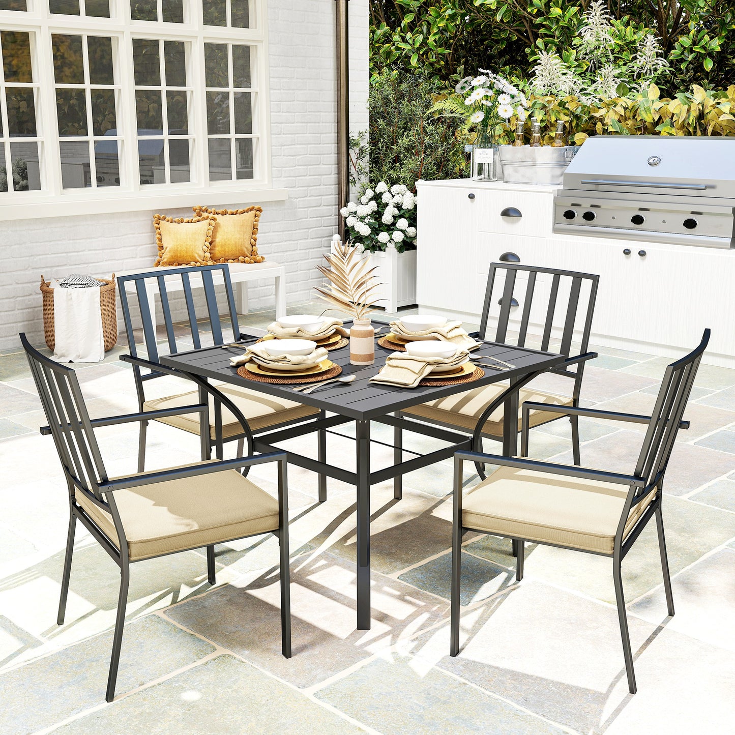 Monaco 5 Piece Garden Dining Set with Cushions, Garden Table and 4 Stackable Chairs