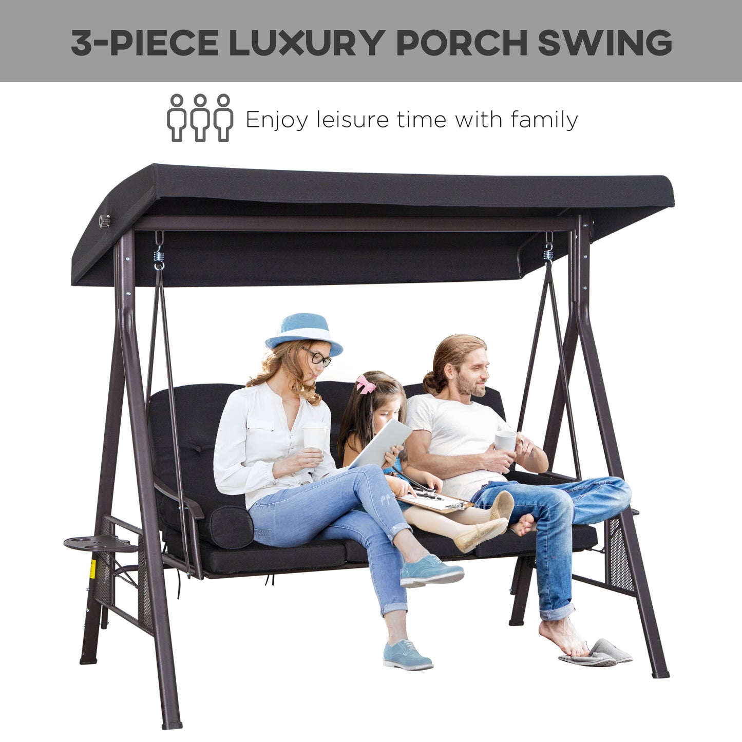 Outsunny 3 Seater Swing Chair Hammock Chair with Adjustable Canopy, Black