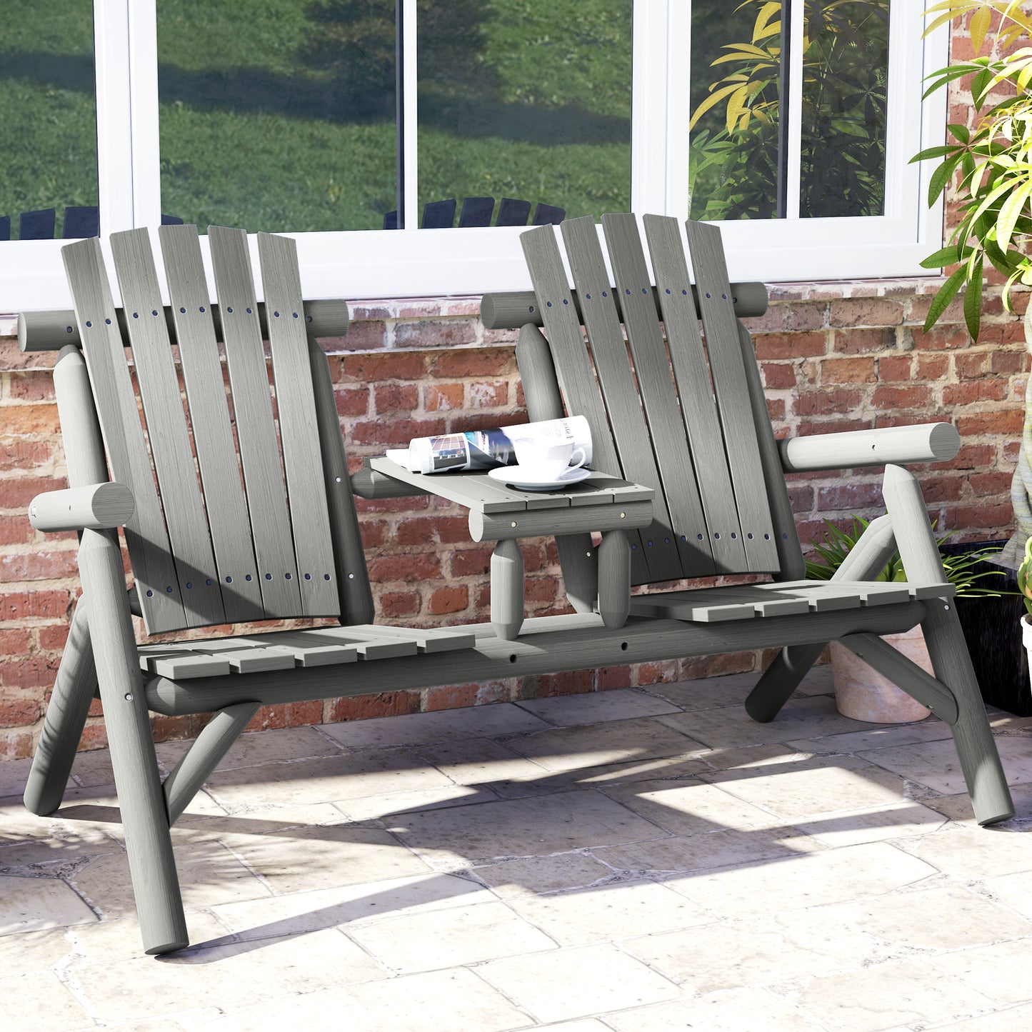 Tivoli Wood Patio Chair Bench 2 Seats w/ Centre Coffee Table, Garden Bench, Grey