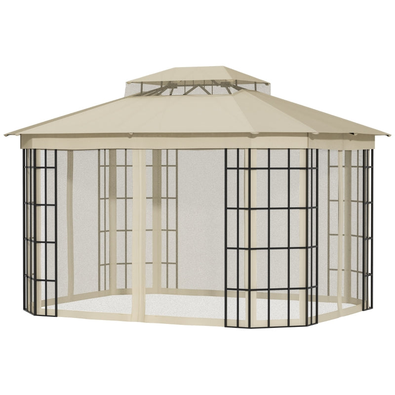 3.65m x 3m Round Hardtop Garden Gazebo with Mesh Netting & Double-Tier Roof