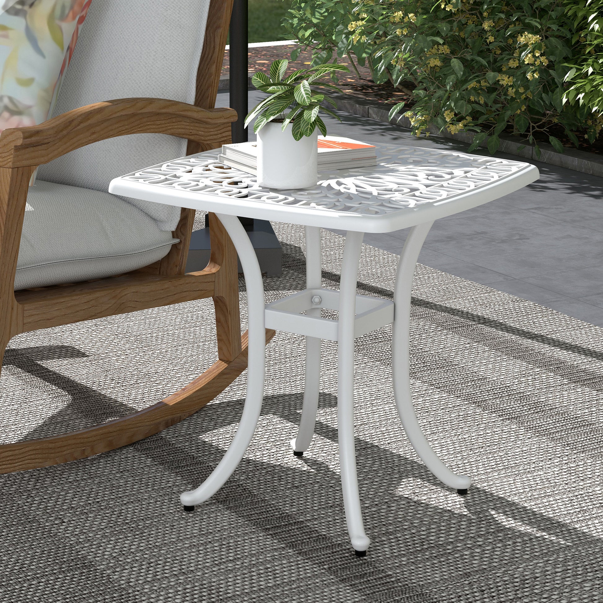 Riviera Cast Aluminium Bistro Table, Outdoor Square Side Table with Umbrella Hole, Garden Table for Balcony, White