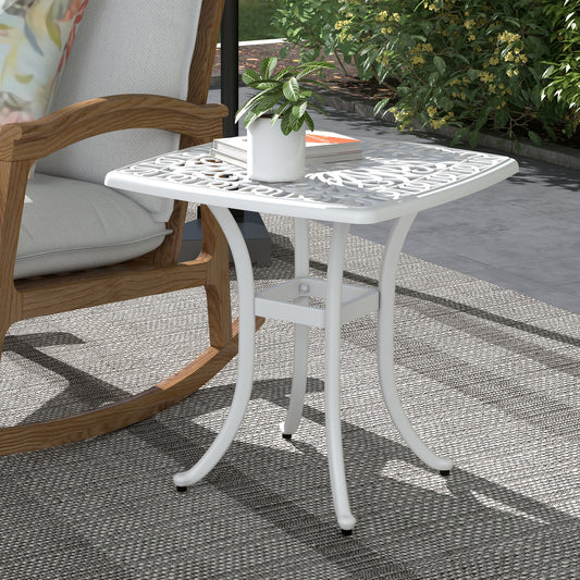 Riviera Cast Aluminium Bistro Table, Outdoor Square Side Table with Umbrella Hole, Garden Table for Balcony, White