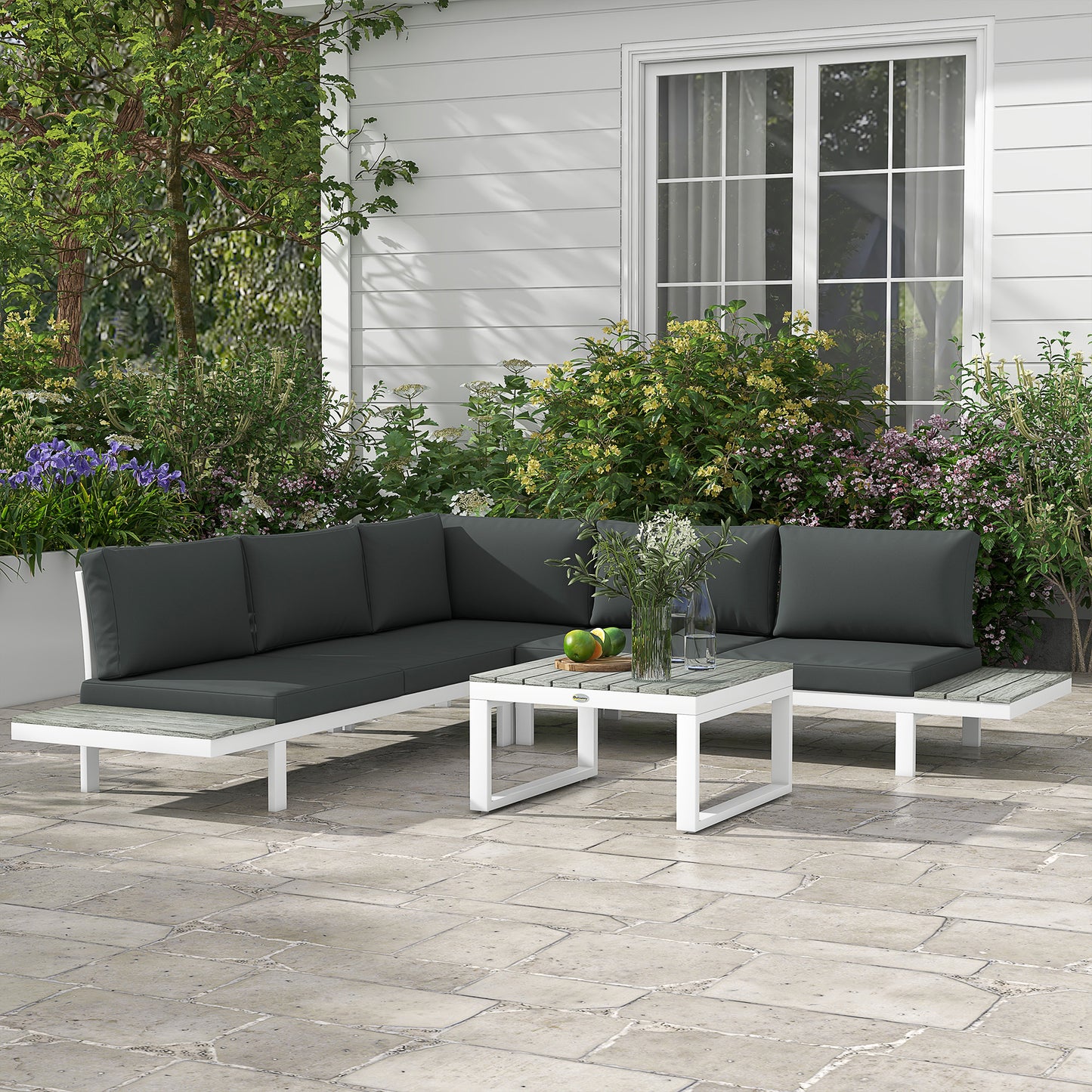 4 Pieces Garden Furniture Set, 5-Level Reclining Garden Corner Sofa Set, Outdoor Lounge Conversation Sectional with Cushions, Wood Effect