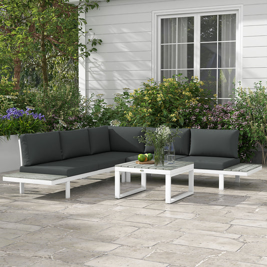 4 Pieces Garden Furniture Set, 5-Level Reclining Garden Corner Sofa Set, Outdoor Lounge Conversation Sectional with Cushions, Wood Effect