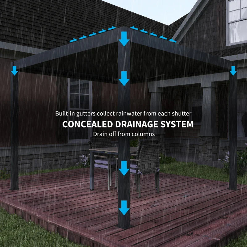 3m x 3m Dark Grey Motorised Aluminium Pergola with Remote – Controlled Louvered Roof, LED Lighting & Integrated Rainwater Drainage System