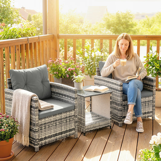Tivoli Rattan Bistro Set, 3 Piece Garden Furniture Set with 2 Tier Glass Top Table and Cushions, Mixed Grey