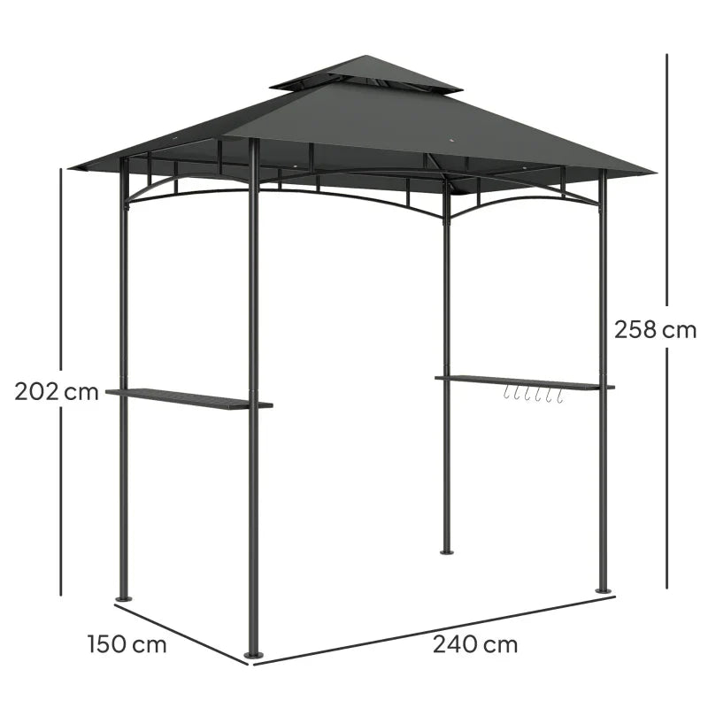 8ft x 5ft Dark Grey BBQ Gazebo Shelter with Double Vent Roof, LED Lighting, Side Shelves & Outdoor Grill Canopy