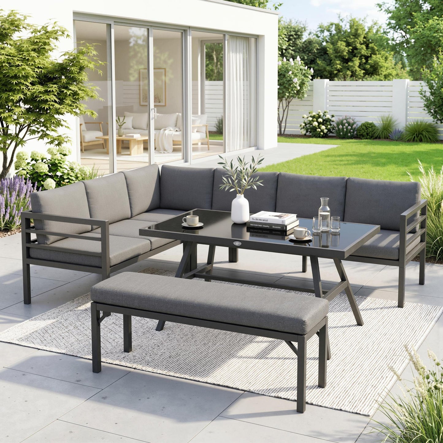 Riviera 4 Piece L-shaped Garden Furniture Set 8-Seater Aluminium Garden Dining Set Conversation Sofa Set w/ Bench