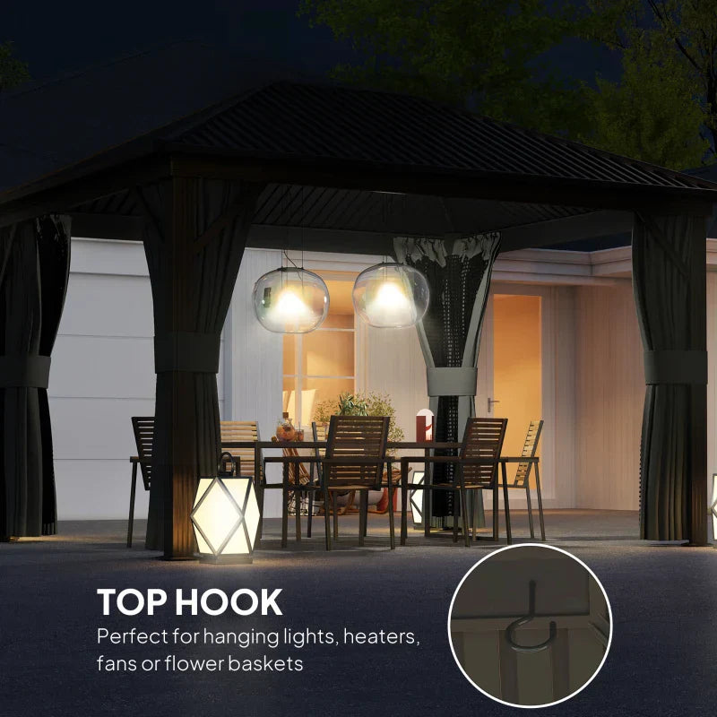 3.6m x 3m Dark Grey Hardtop Garden Gazebo with Aluminium Frame, Metal Roof, Privacy Curtains & Insect Mesh Panels
