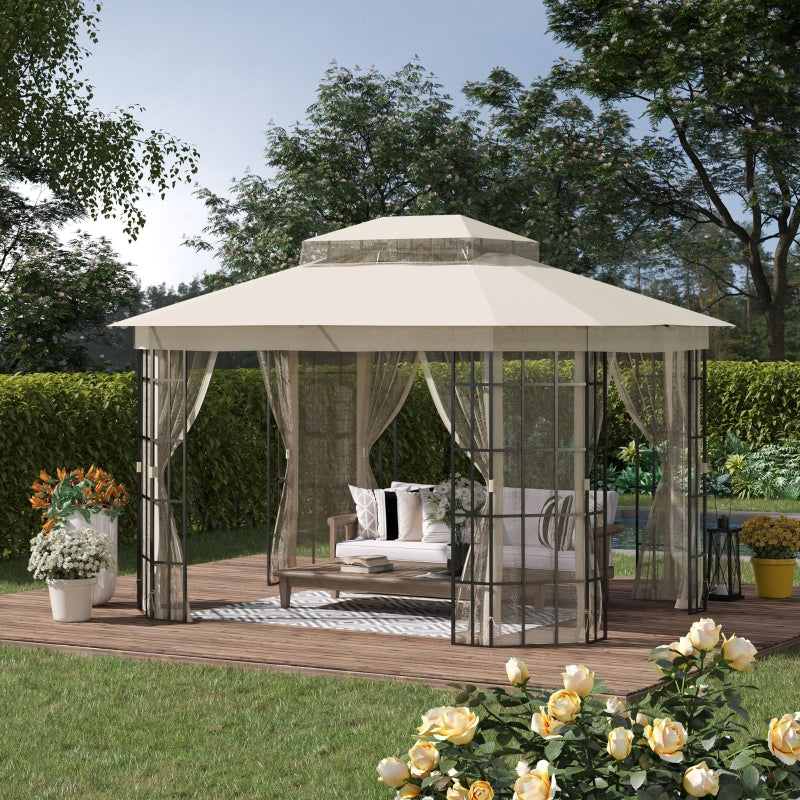 3.65m x 3m Round Hardtop Garden Gazebo with Mesh Netting & Double-Tier Roof