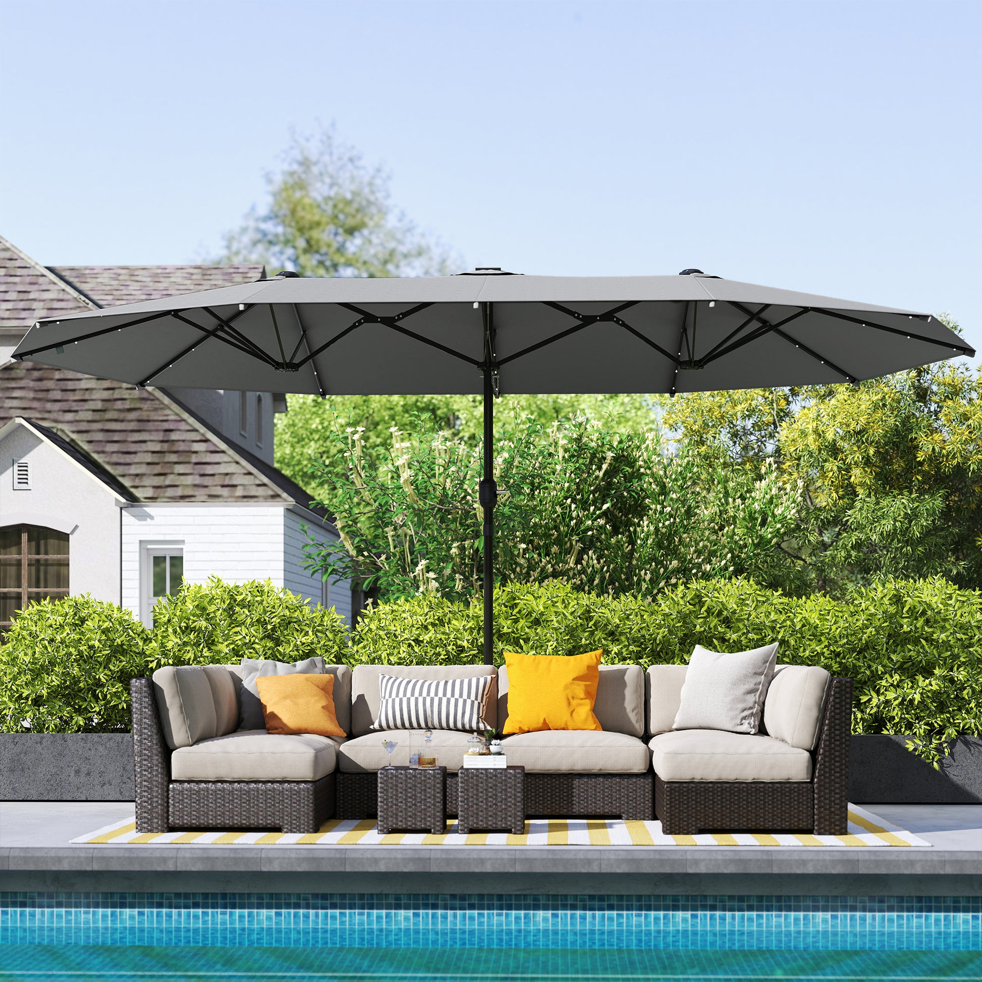 Outsunny 4.4m Double-Sided Sun Umbrella Patio Parasol LED Solar Lights Dark Grey