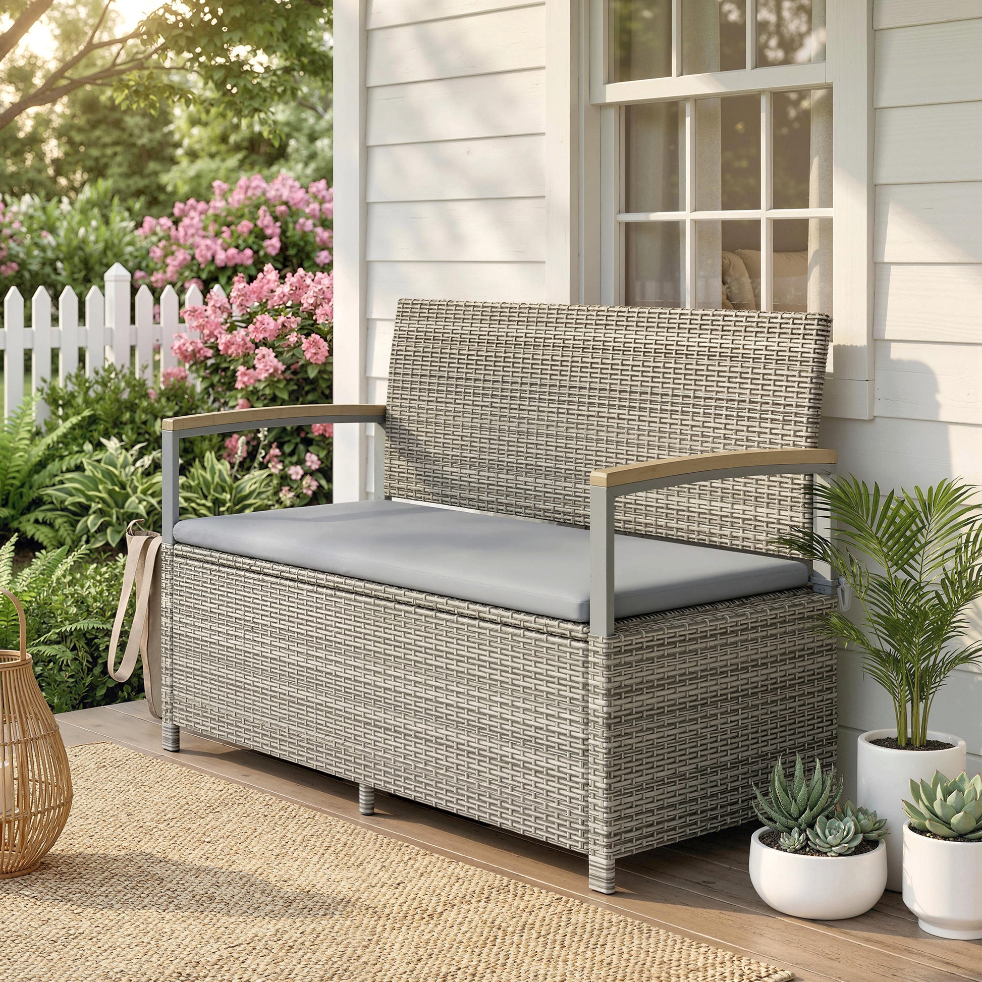 Santorini 170 L Garden Storage Bench with Zipped Liner, 2 Seater Rattan Garden Bench with Storage, Gas Strut
