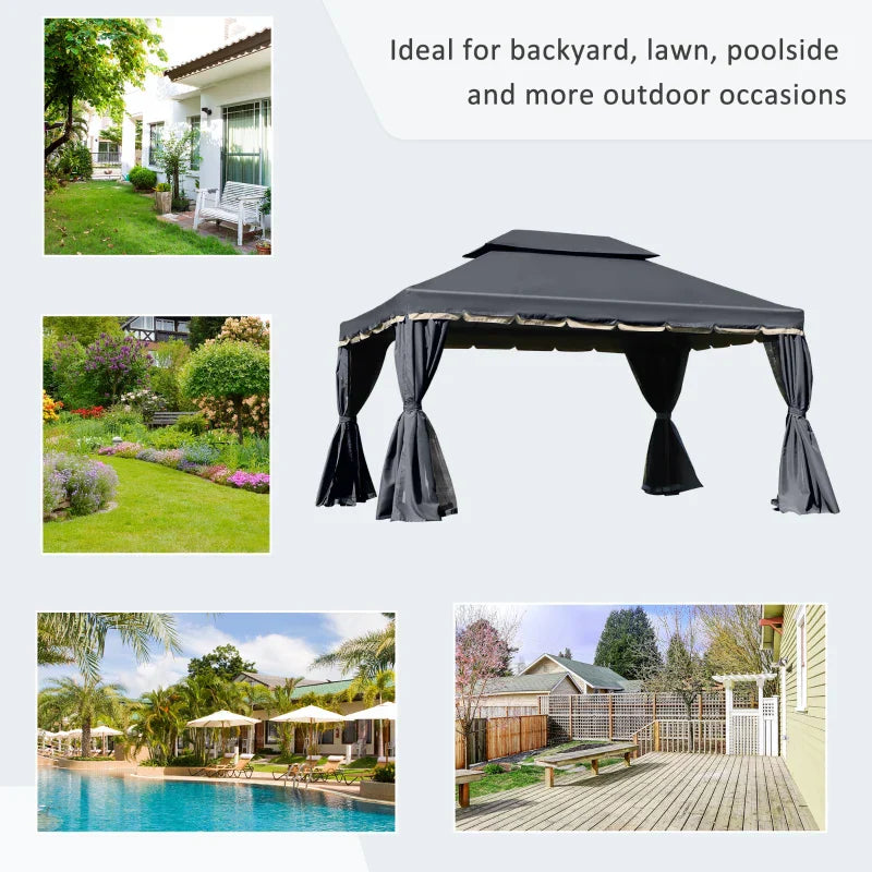 Black 3m x 4m Aluminium Gazebo – Outdoor Garden Pavilion with Double Tier Roof, Curtains and Insect Netting