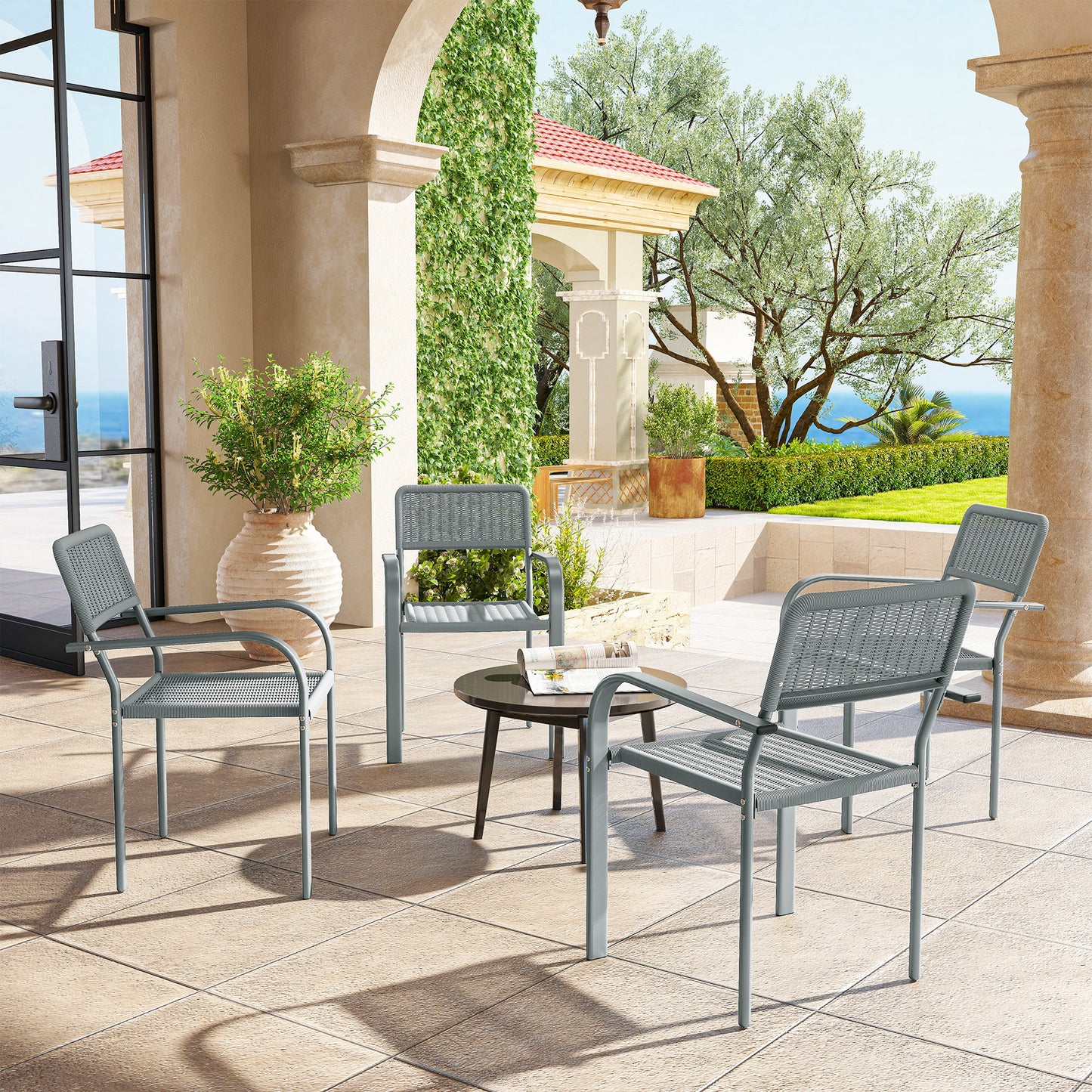 Amalfi Stackable Garden Chairs Set of 4, Rattan Effect Garden Dining Chairs, Light Grey
