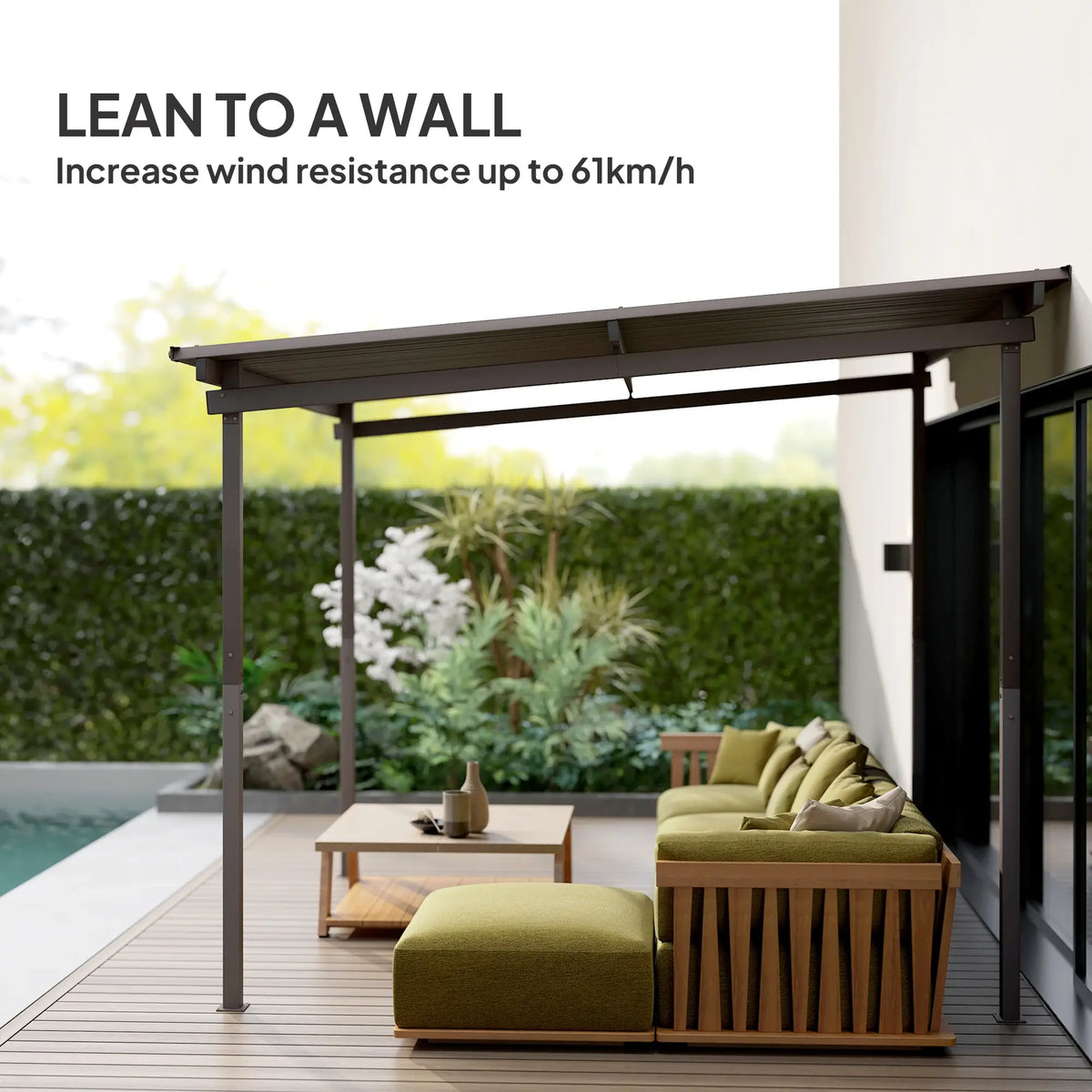 3m x 3m Lean – To Metal Pergola – Brown Wall Mounted Outdoor Patio Shade Shelter