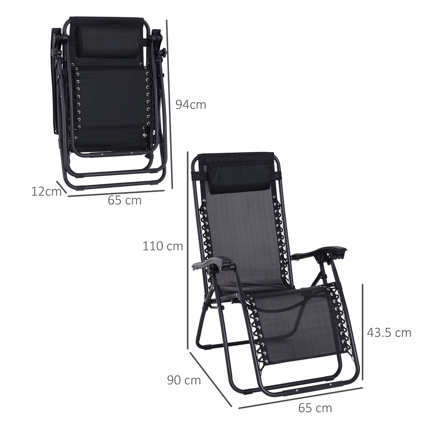 Outsunny Zero Gravity Chair Set of 2, Metal Frame Texteline Armchair Outdoor Folding and Reclining Sun Lounger with Head Pillow for Patio Decking Gardens Camping, Black