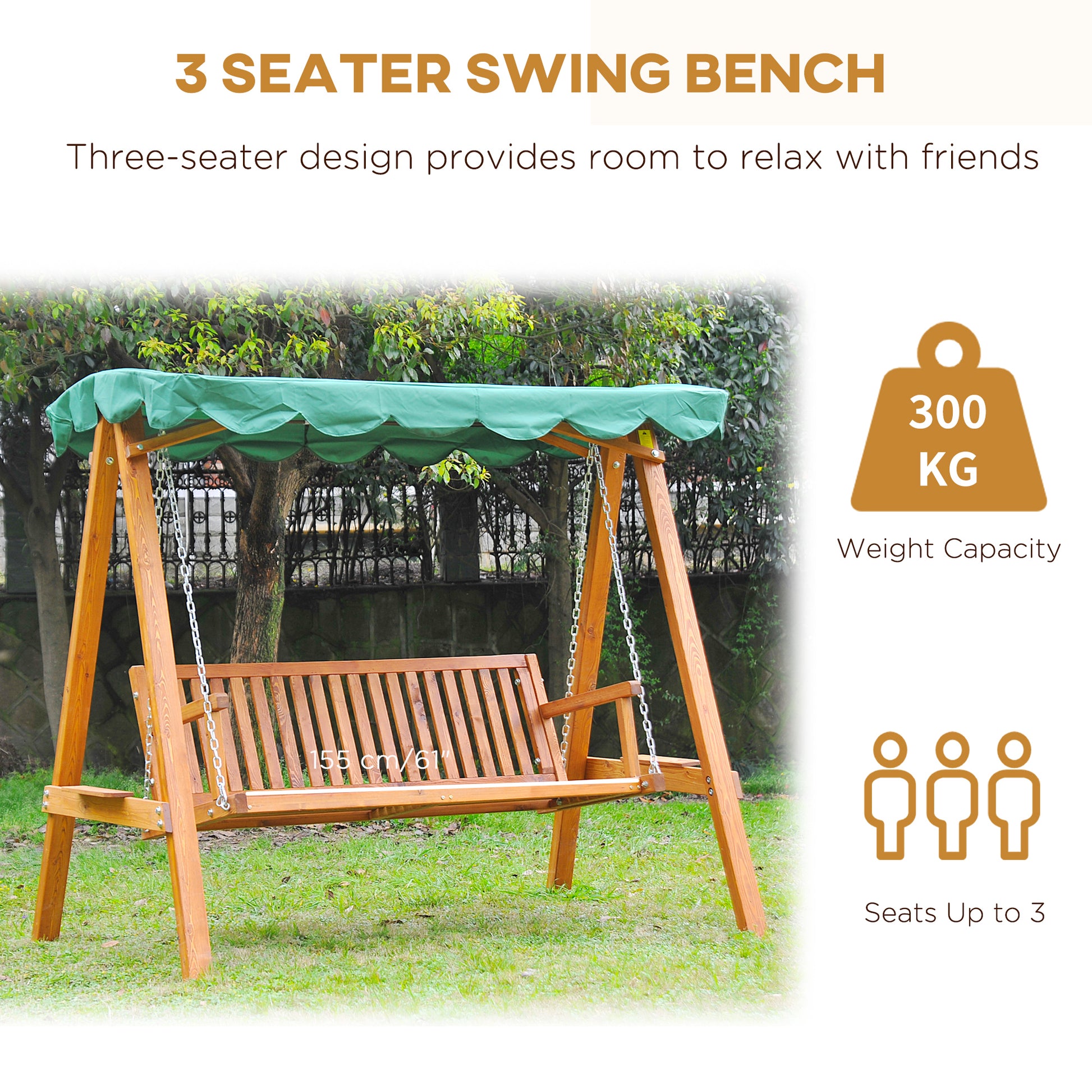 Outsunny 3-Seater Pinewood Swing Chair-Green