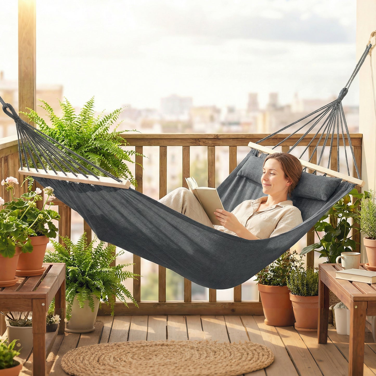 Monaco Cotton Hammock, Soft Portable Swing Sleeping w/ Headrest & Side Pocket, Dark Grey