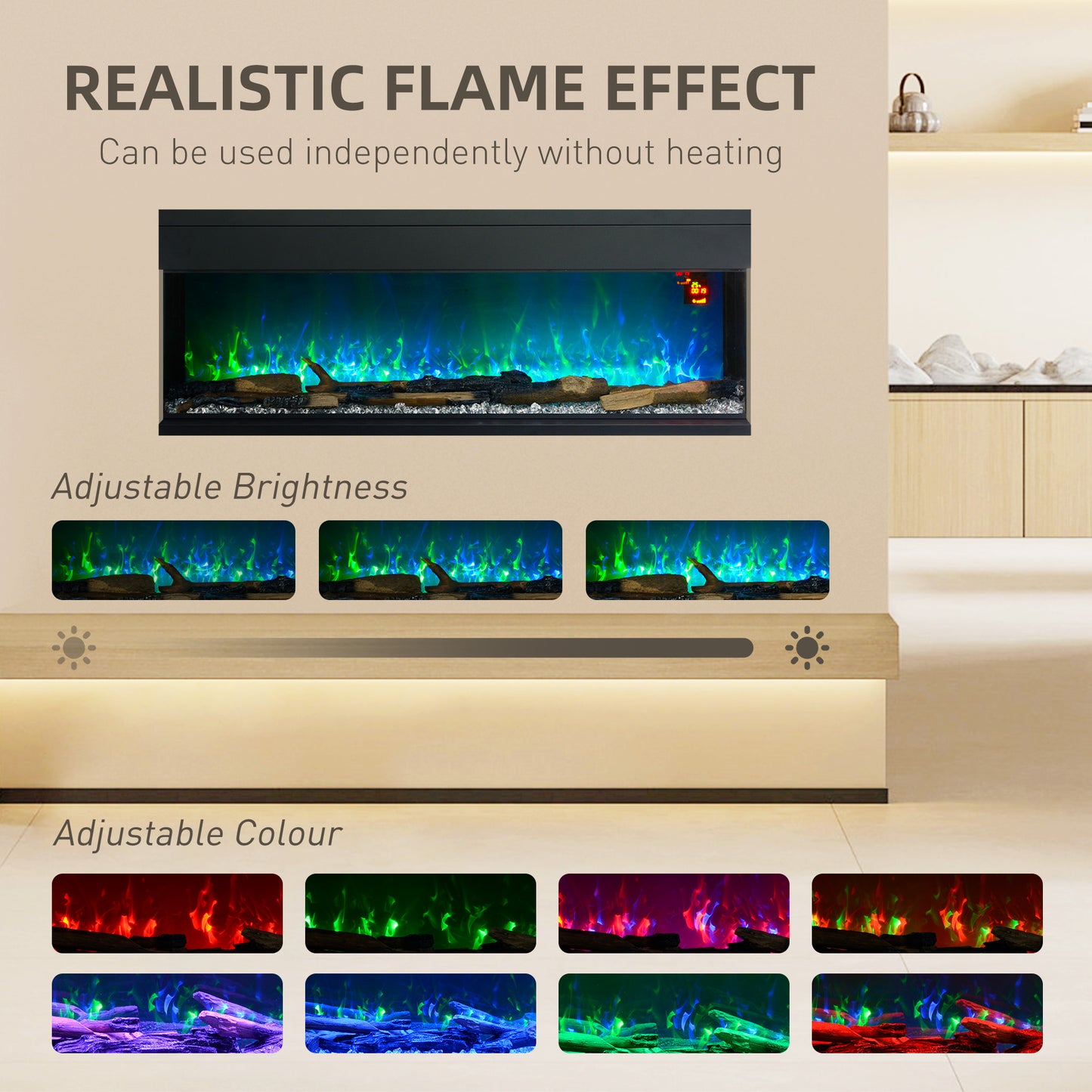 HOMCOM 1800W 15-40°C Adjustable Flame Glass Panel Convector Heater, 127cm