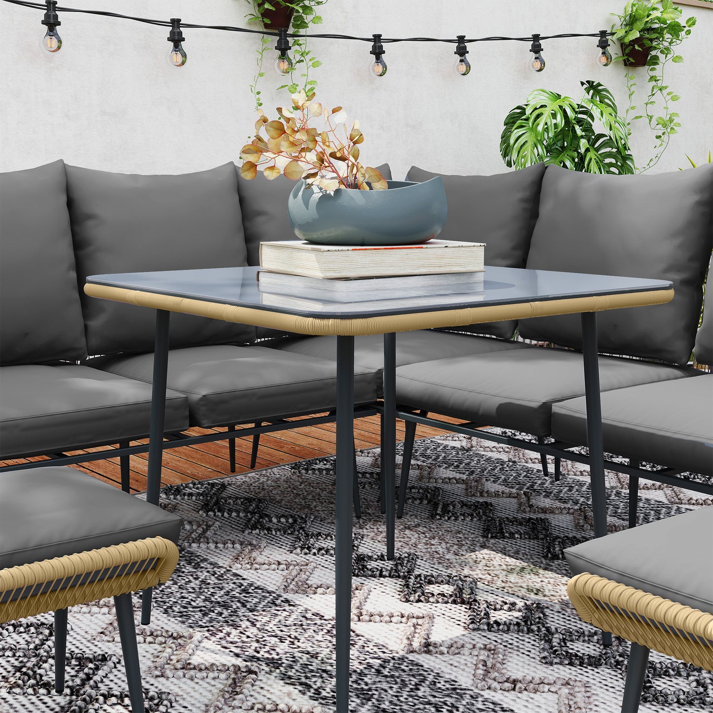Outsunny Six-Piece Rattan Strong Garden Sofa Set with Tempered Glass-top Table - Brown/Grey