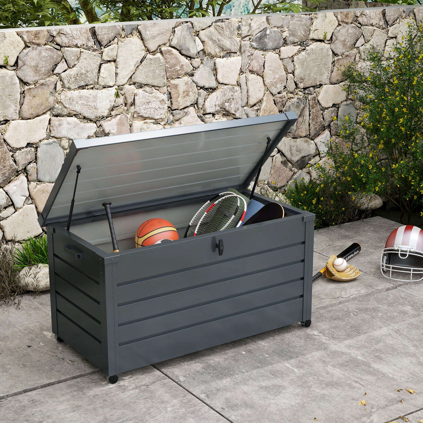 Outsunny - 311L Galvanised Steel Garden Storage Box, with Wheels, Lockable, Dark Grey