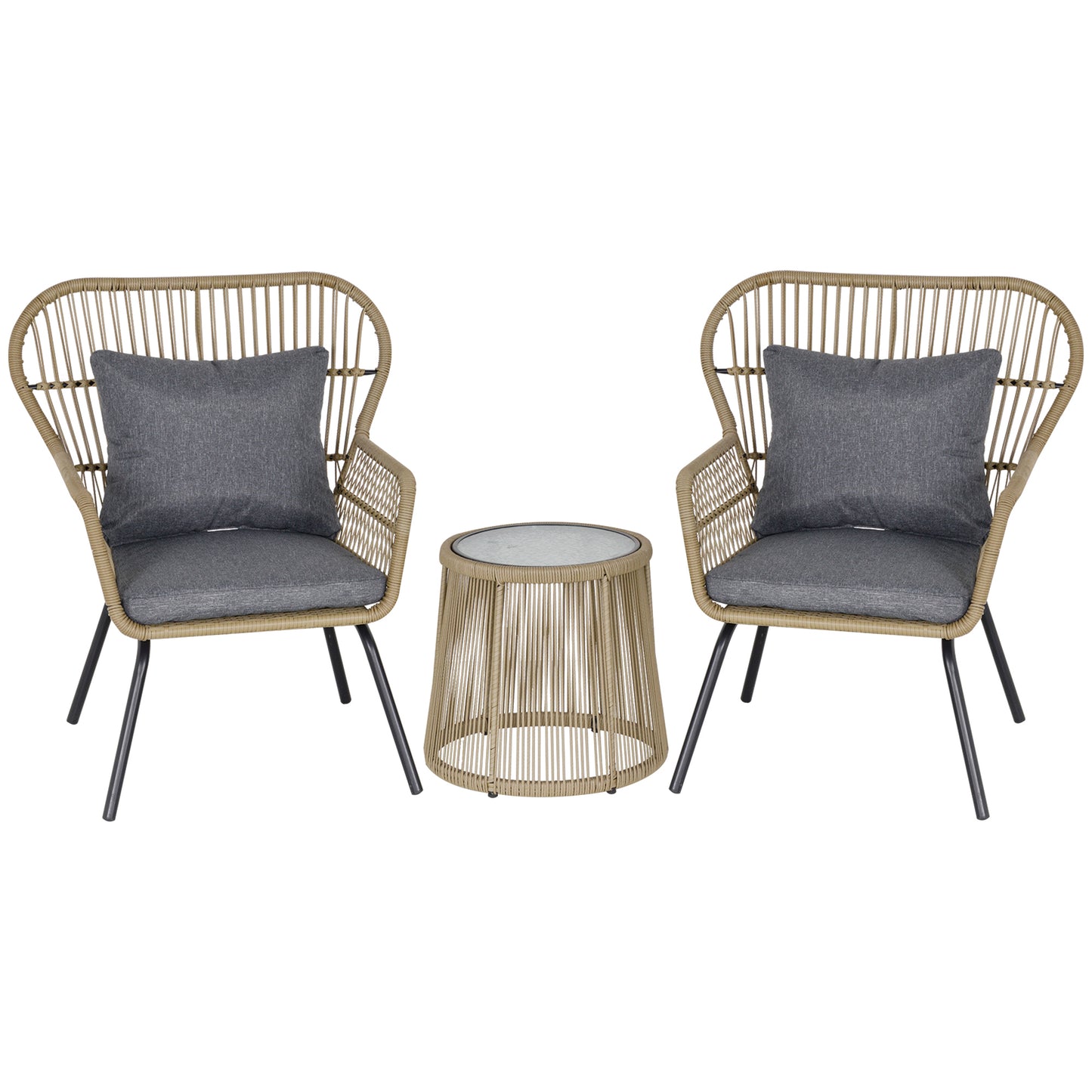 Outsunny 3 Pieces Rattan Bistro Set, Wicker Garden Furniture Set with Cushions, Glass Top Coffee Table and Chairs for Outdoor,  Small Garden, Patio, Brown