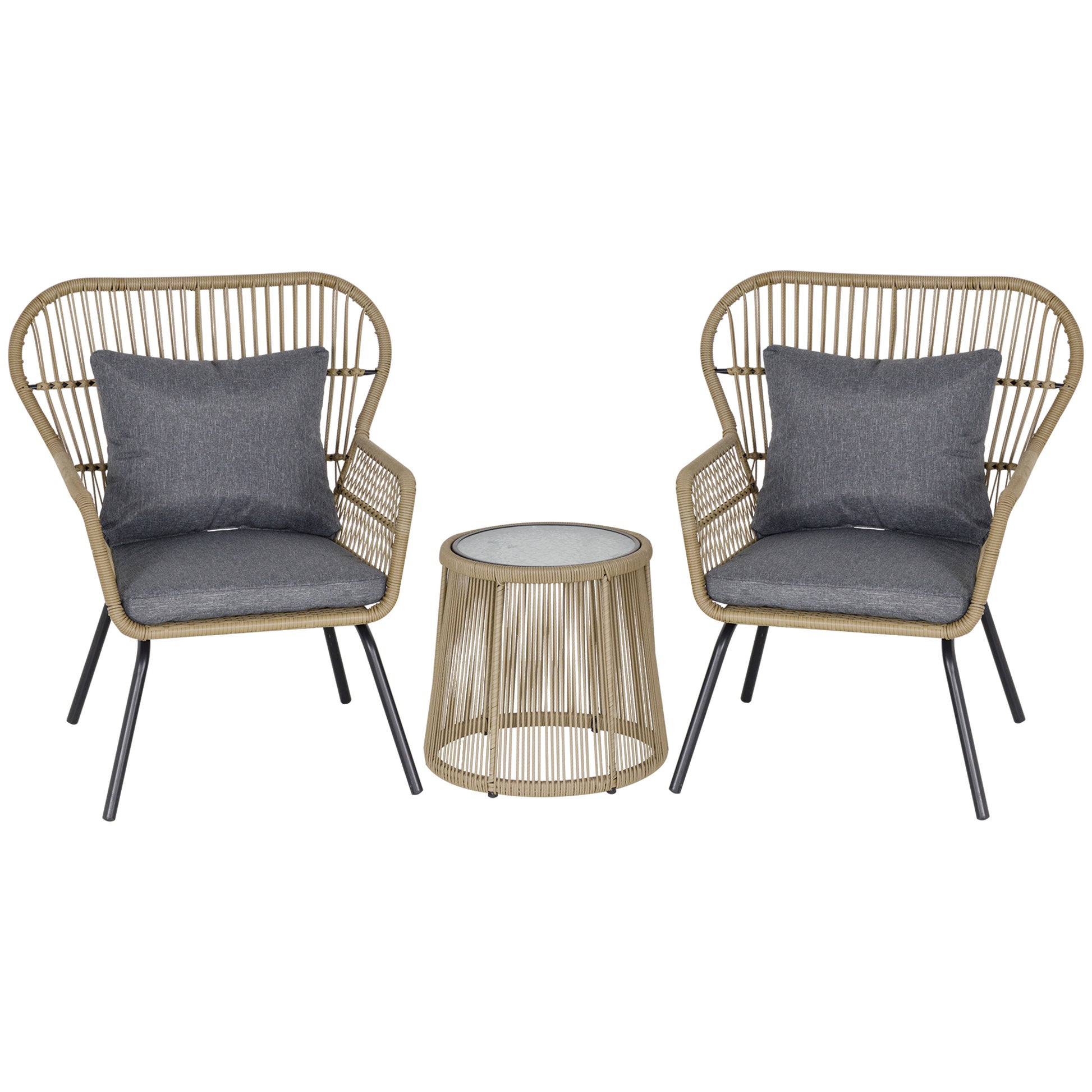 Outsunny 3 Pieces Rattan Bistro Set, Wicker Garden Furniture Set with Cushions, Glass Top Coffee Table and Chairs for Outdoor,  Small Garden, Patio, Brown